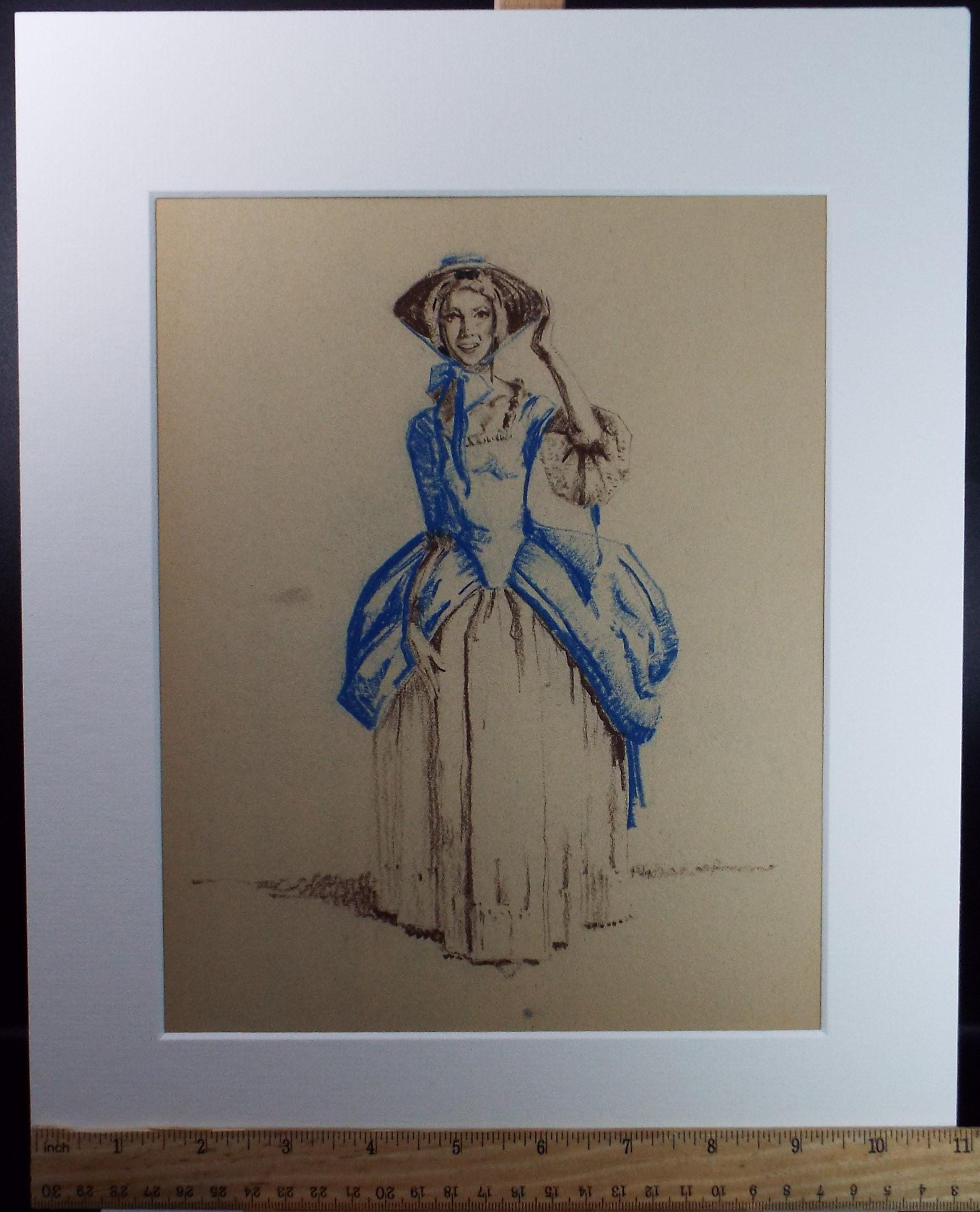 Original Pastel Drawing, 'Victorian Woman Study', Artist Unknown, Circa 1950's