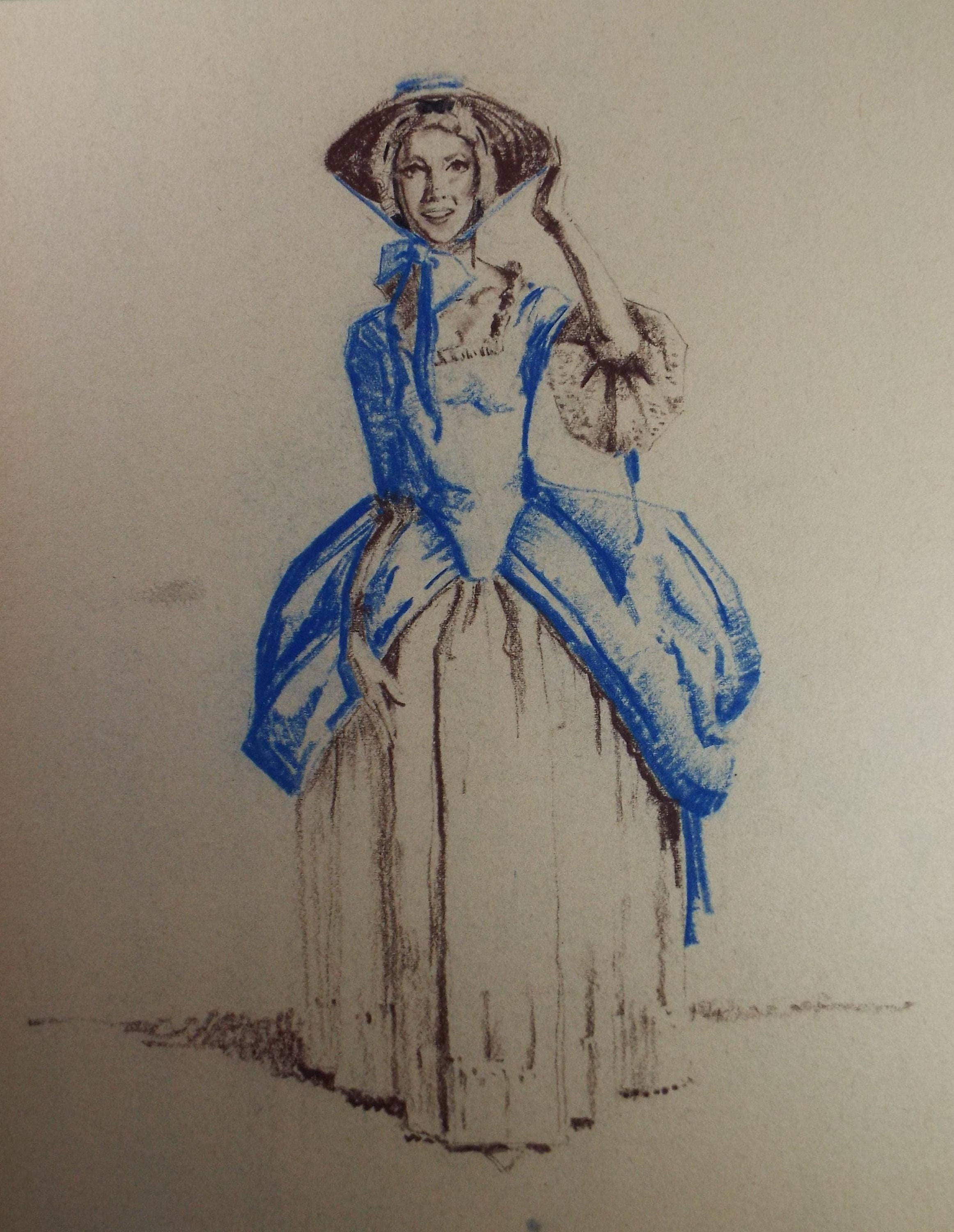 Original Pastel Drawing, 'Victorian Woman Study', Artist Unknown, Circa 1950's