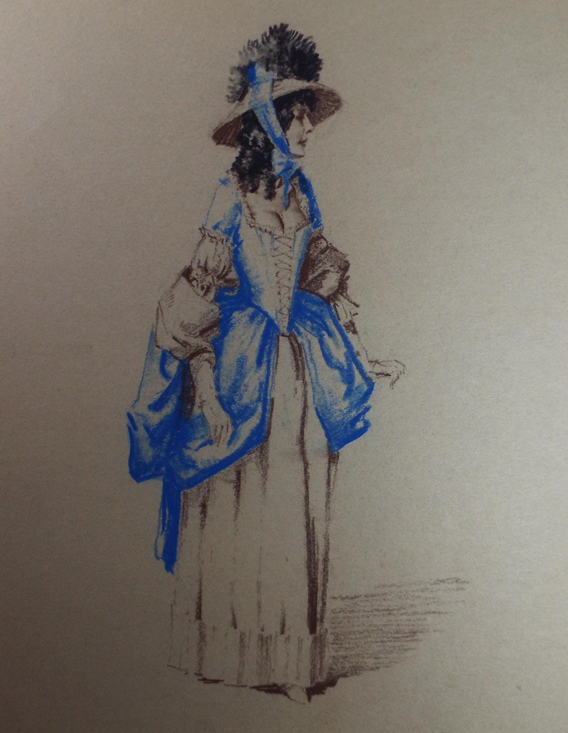 Original Pastel Drawing, 'Victorian Woman Study', Artist Unknown, Circa 1950's