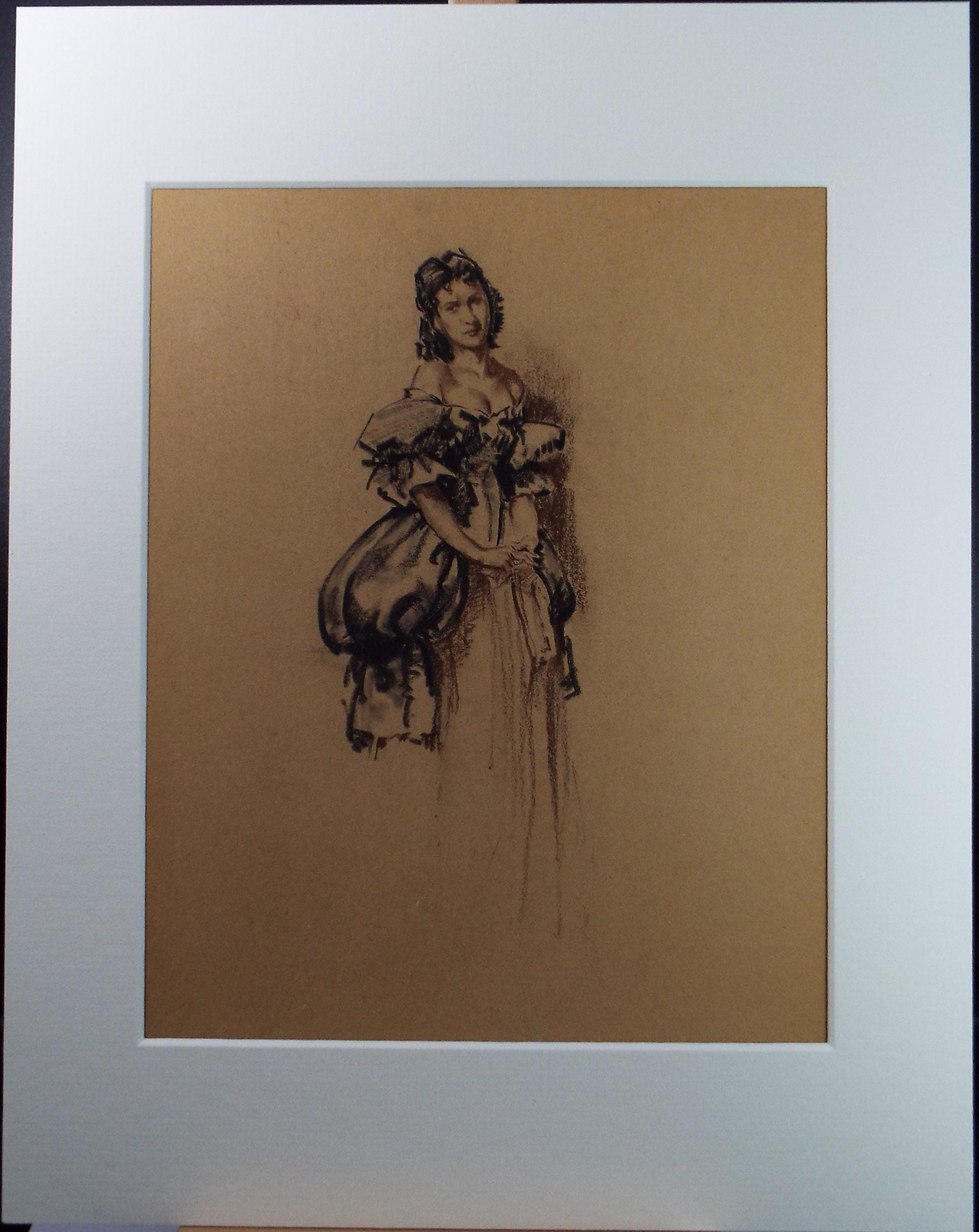 Original Pastel Drawing, 'Victorian Woman Study', Artist Unknown, Circa 1950's