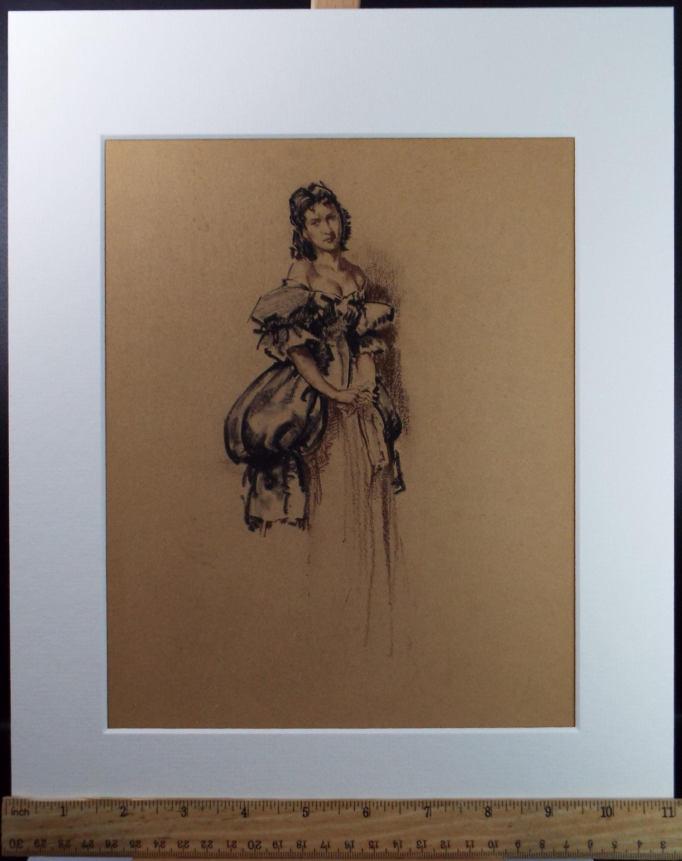 Original Pastel Drawing, 'Victorian Woman Study', Artist Unknown, Circa 1950's