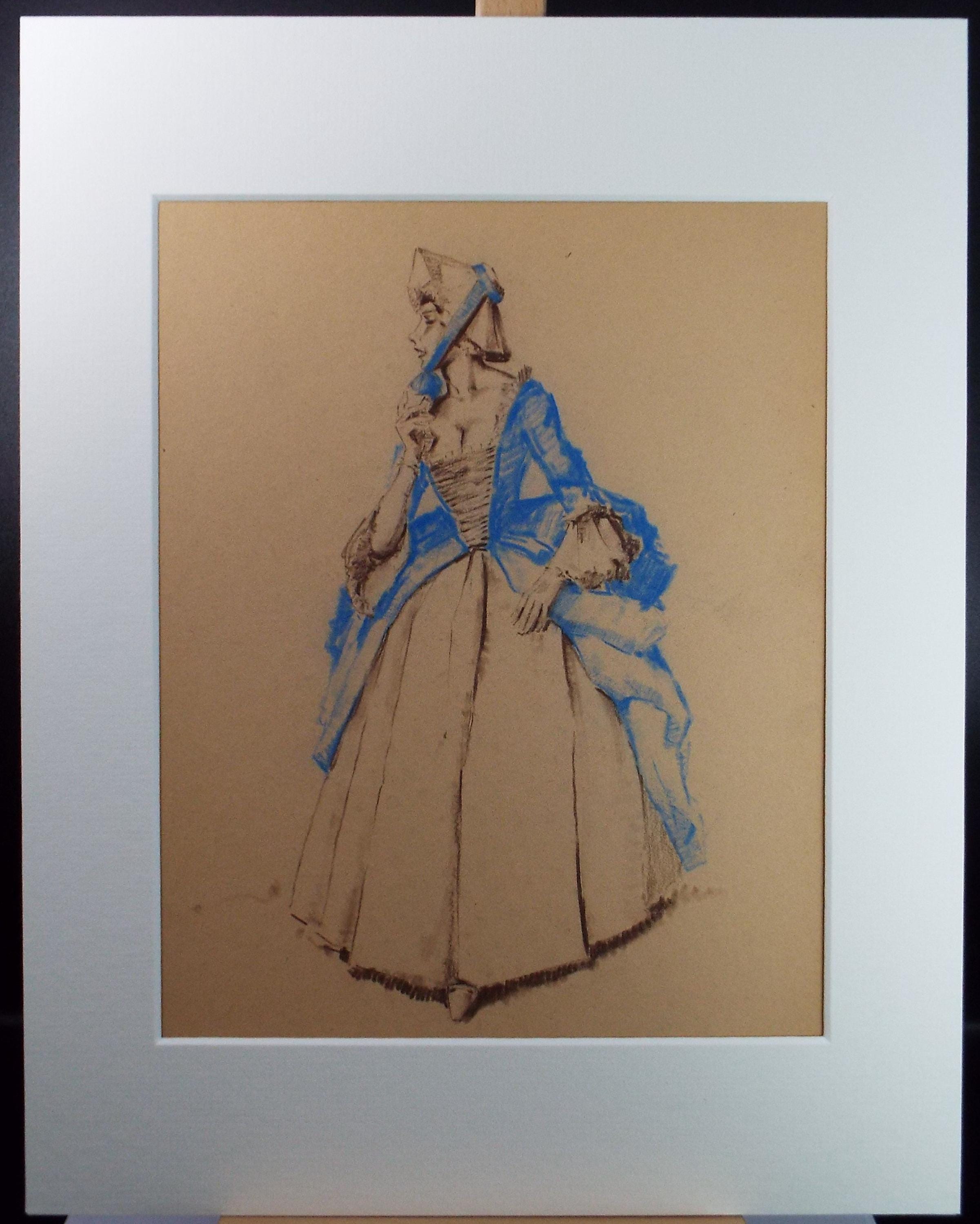 Original Pastel Drawing, 'Victorian Woman Study', Artist Unknown, Circa 1950's