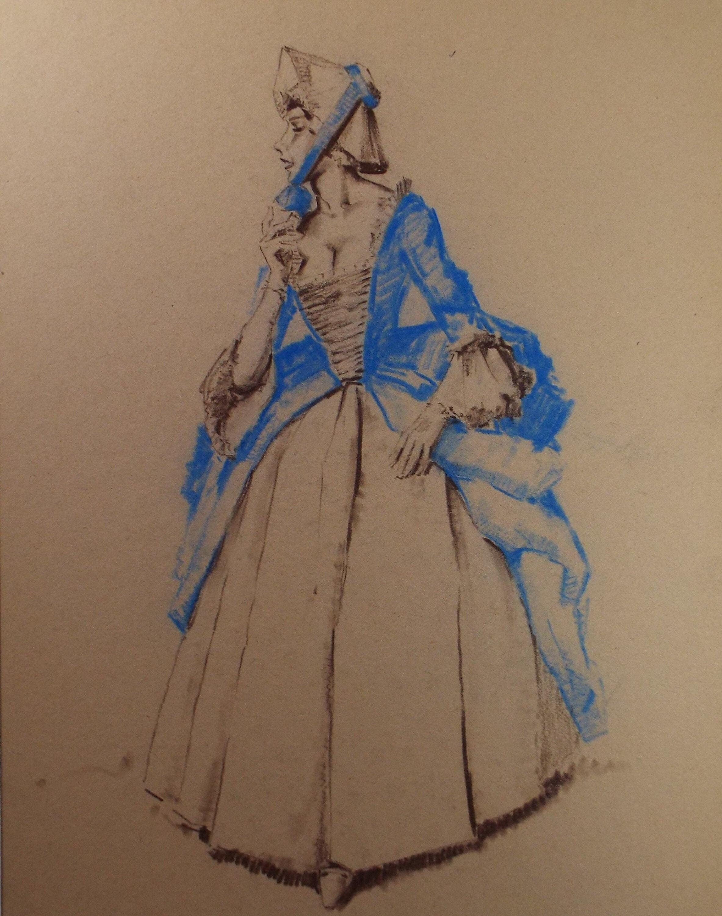 Original Pastel Drawing, 'Victorian Woman Study', Artist Unknown, Circa 1950's