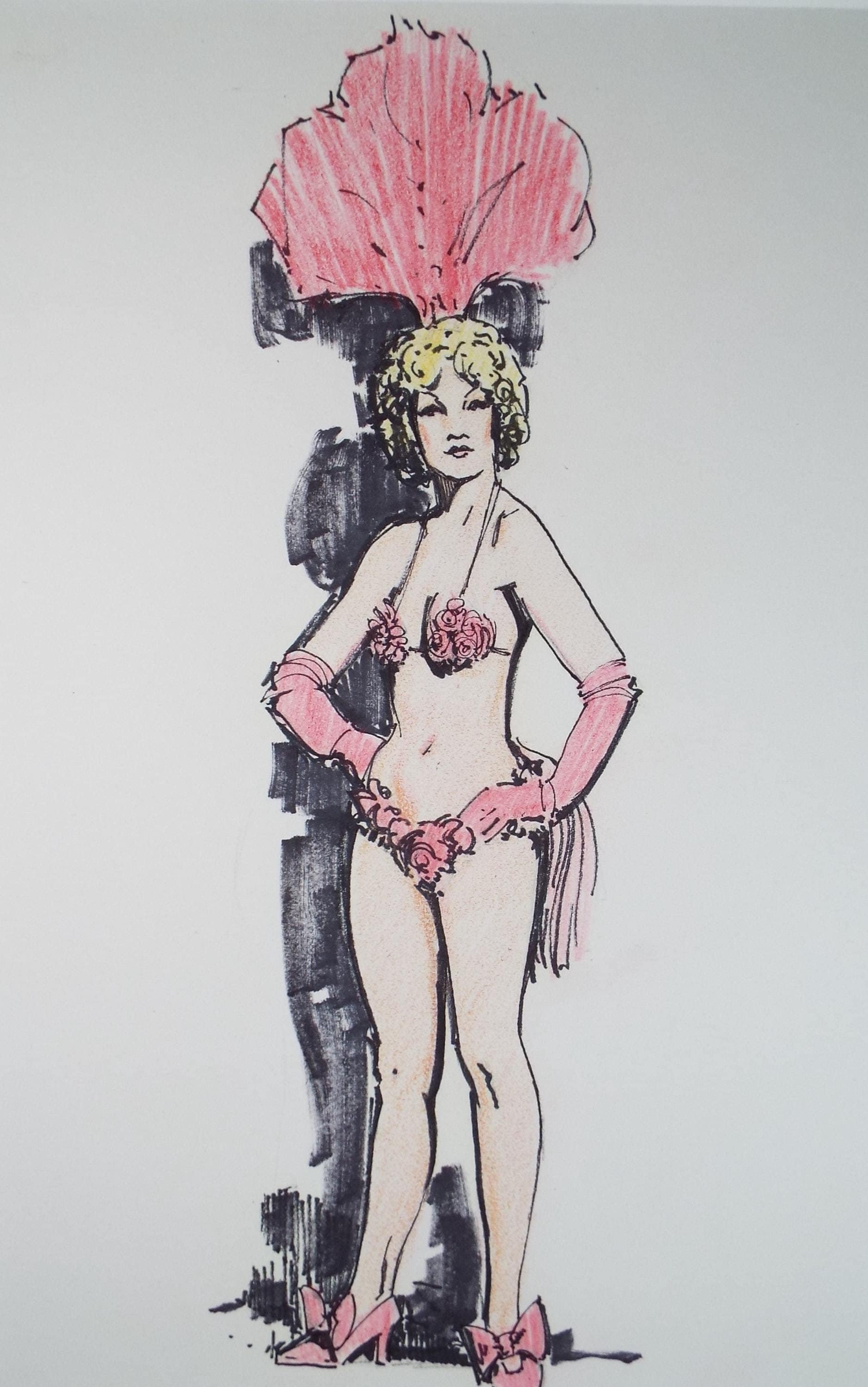 Felt Pen & Pencil, 'Showgirl in Pink', Circa 1980's, Unknown artist