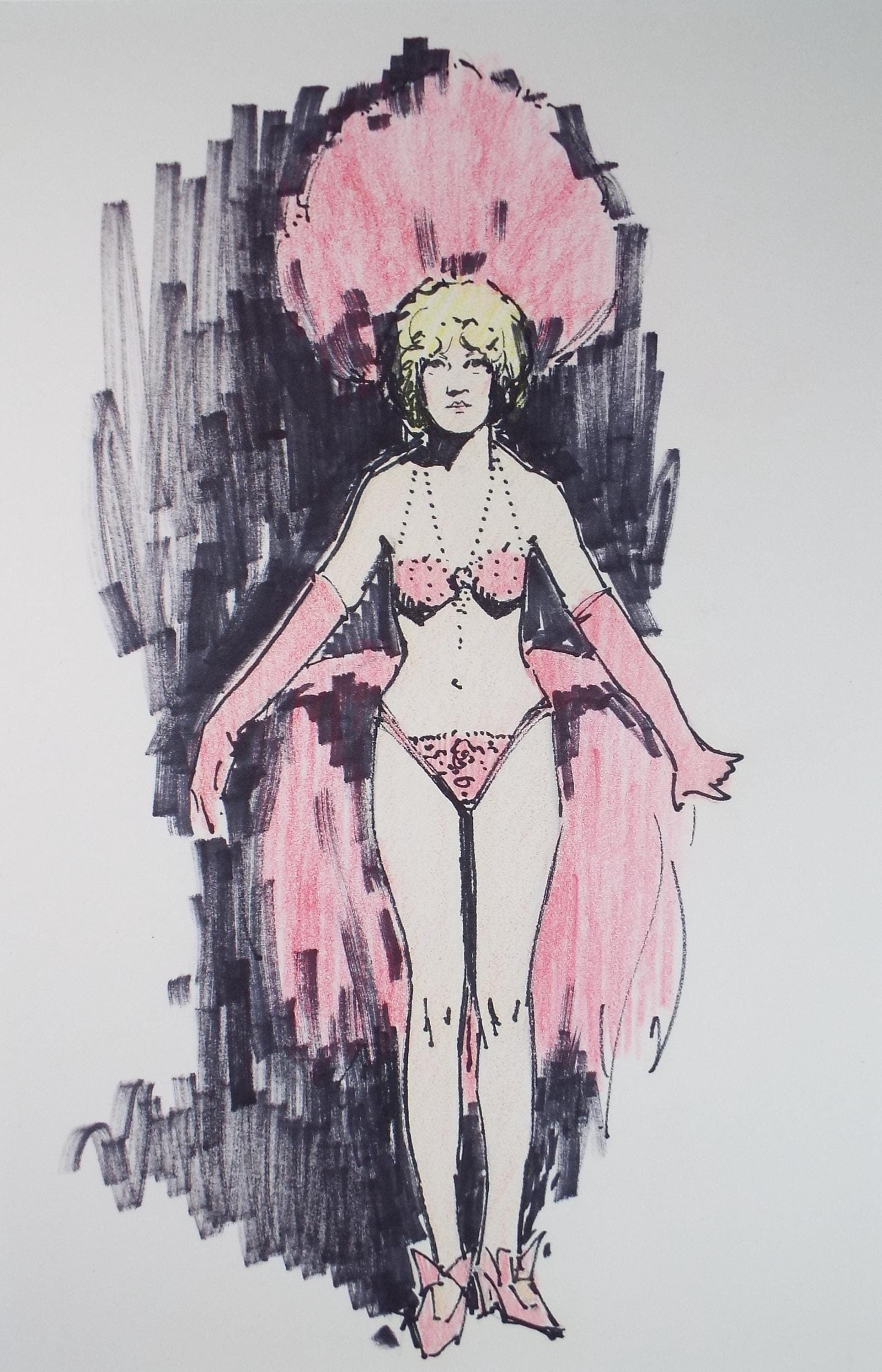 Felt Pen & Pencil, 'Showgirl in Pink', Circa 1980's, Unknown artist