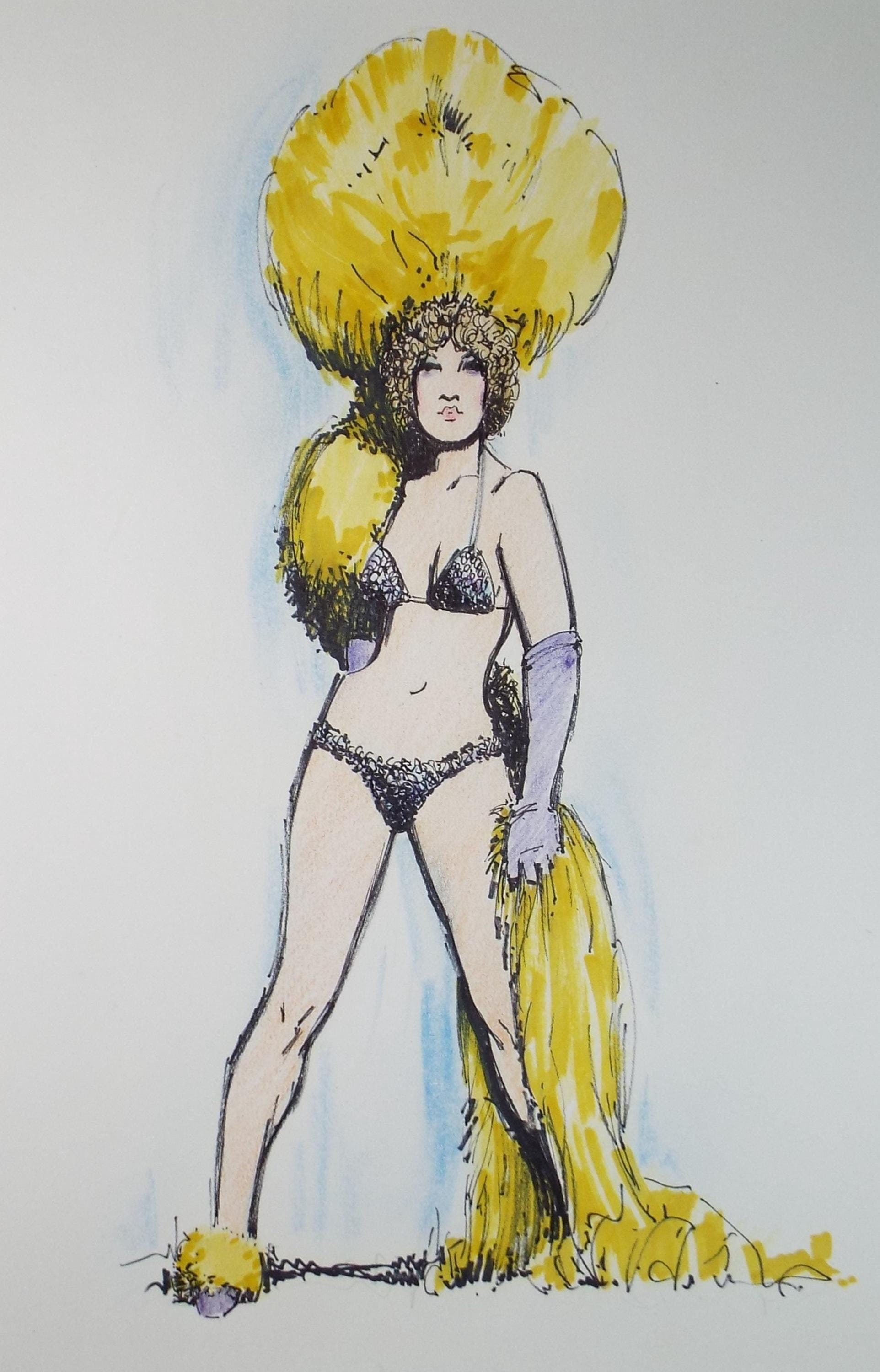 Felt Pen & Pencil, 'Showgirl in Yellow', Circa 1980's, Unknown artist