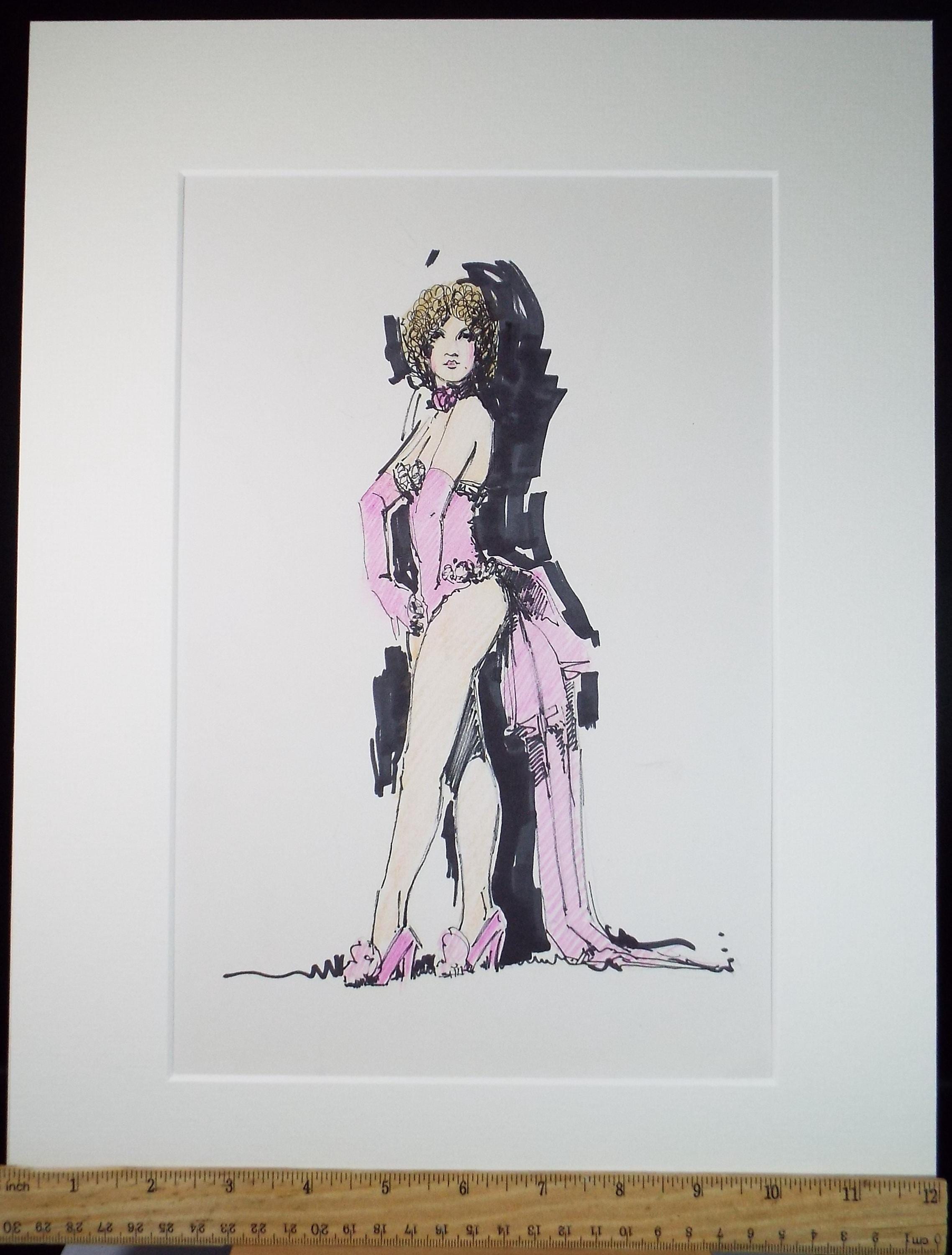Felt Pen & Pencil, 'Showgirl in Pink', Circa 1980's, Unknown artist