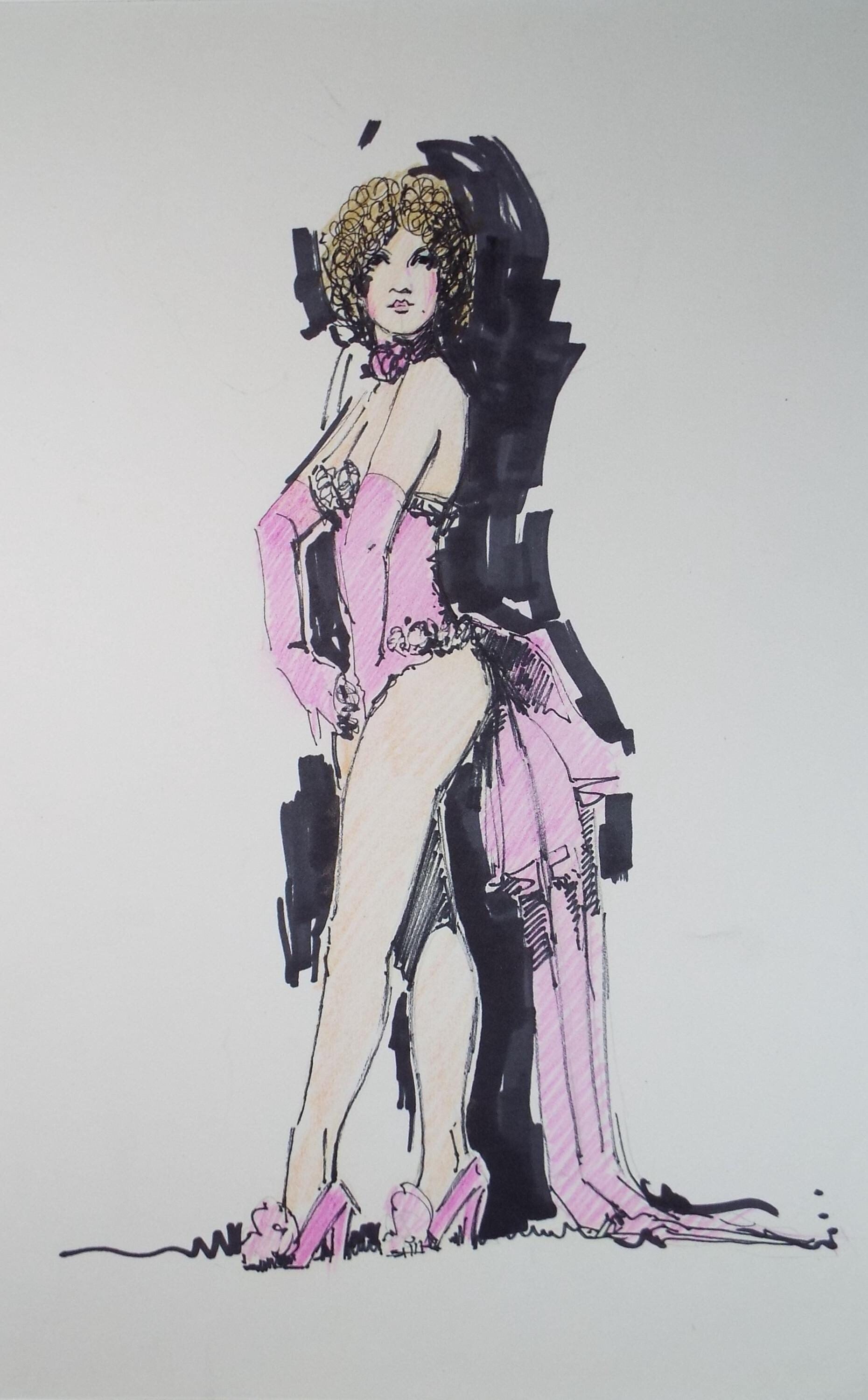 Felt Pen & Pencil, 'Showgirl in Pink', Circa 1980's, Unknown artist