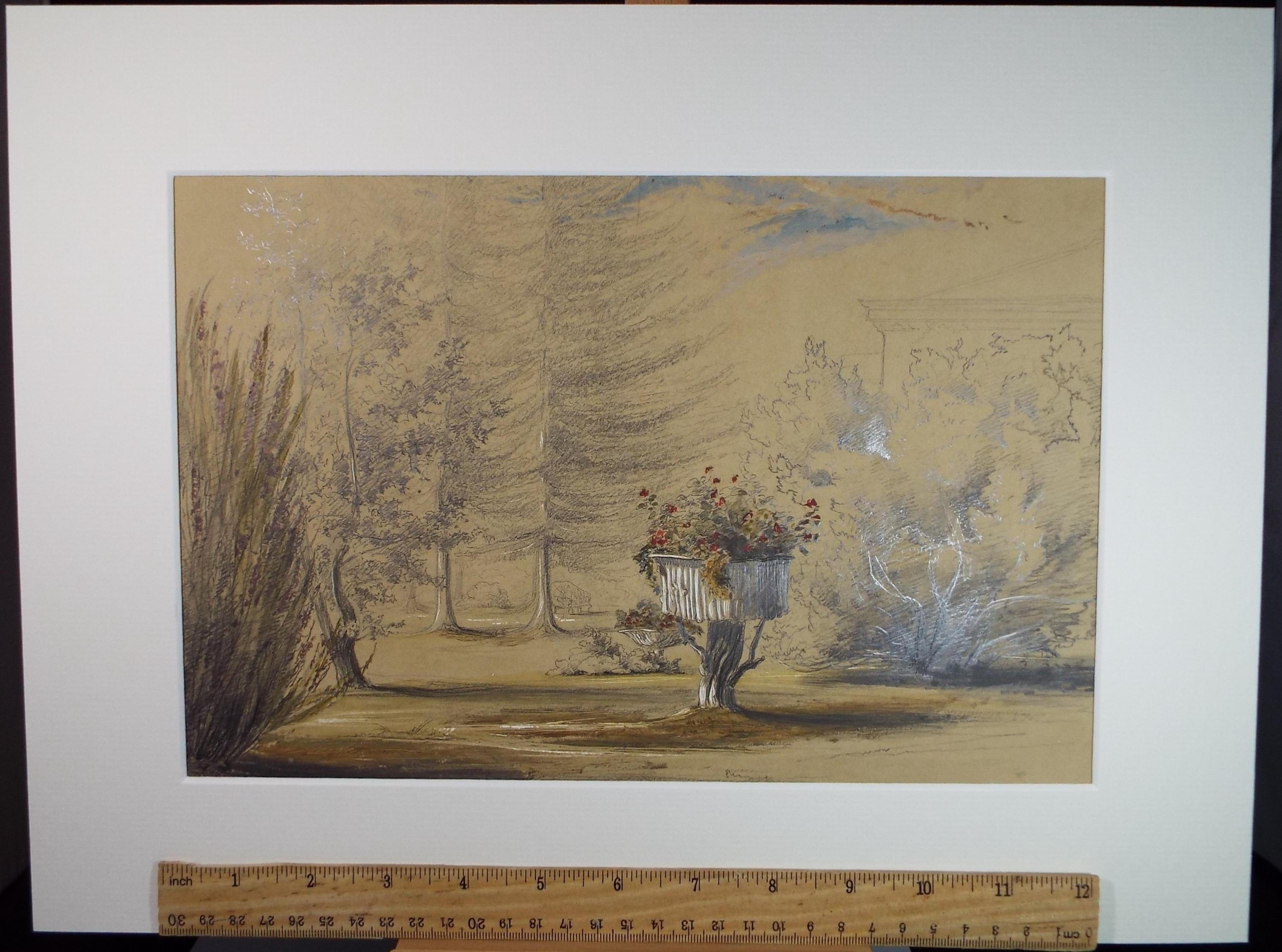 Original Watercolour & Pencil, 'Garden Landscape', Dated 1852, Unknown artist.