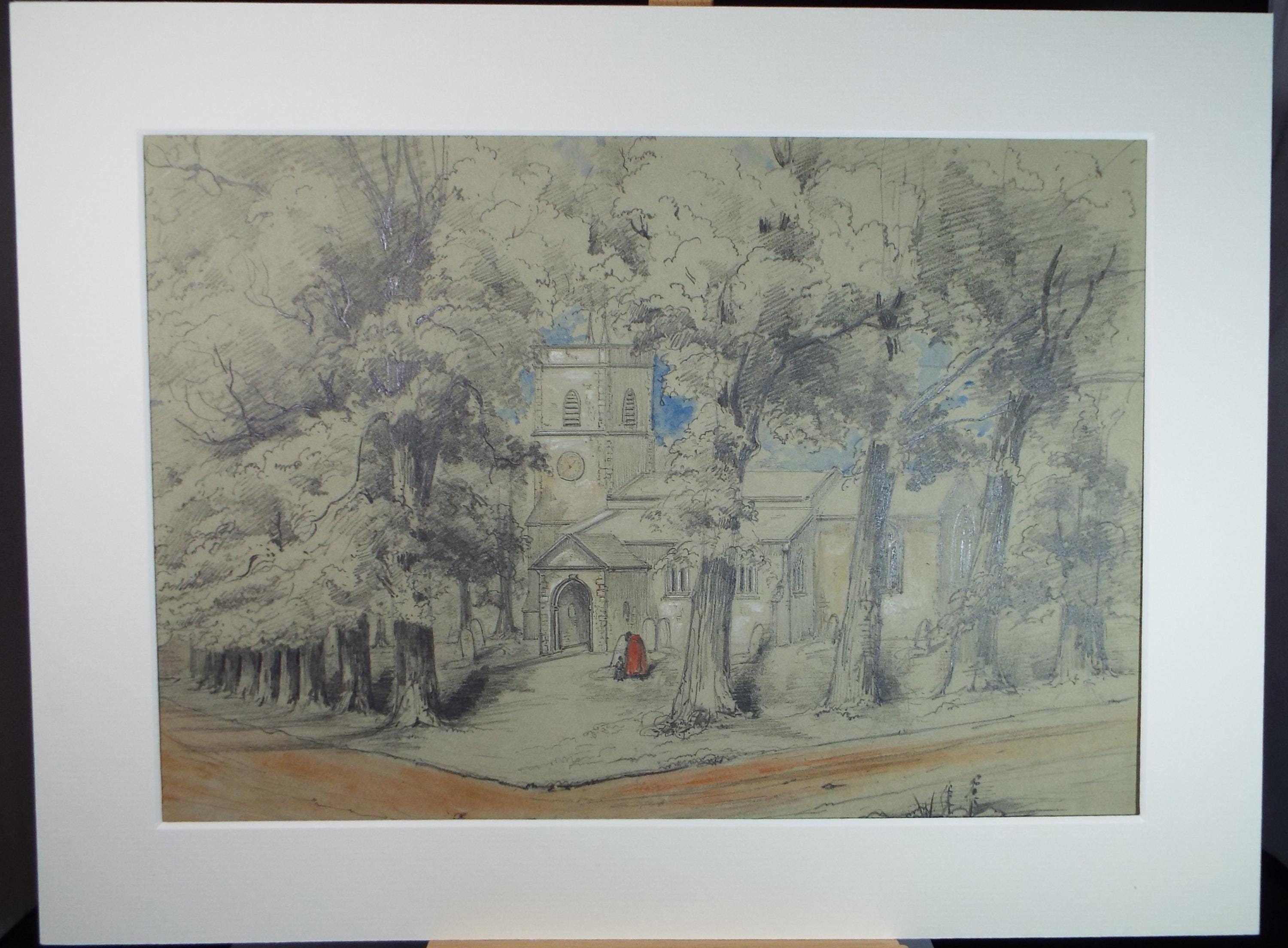 Original Watercolour & Pencil, 'Figures before a Church', Dated 1852, Unknown artist.