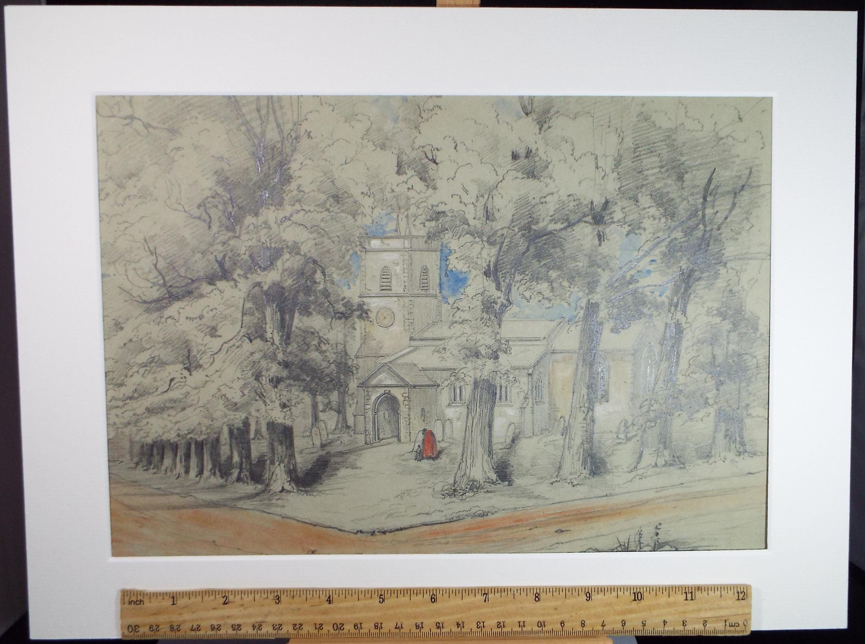 Original Watercolour & Pencil, 'Figures before a Church', Dated 1852, Unknown artist.