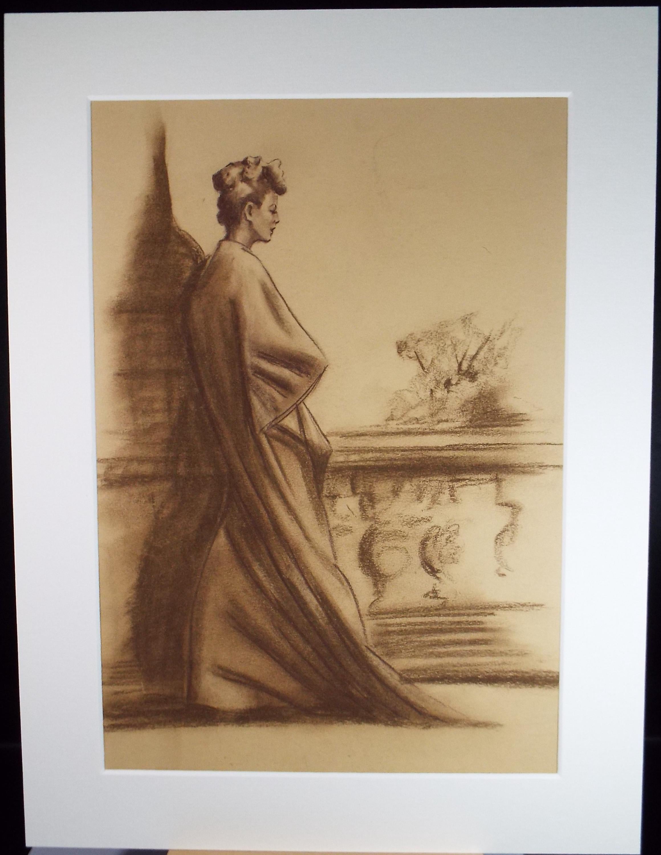 Original Pastel Drawing, Elegant Woman in a Gown', Artist Unknown, Circa 1950's