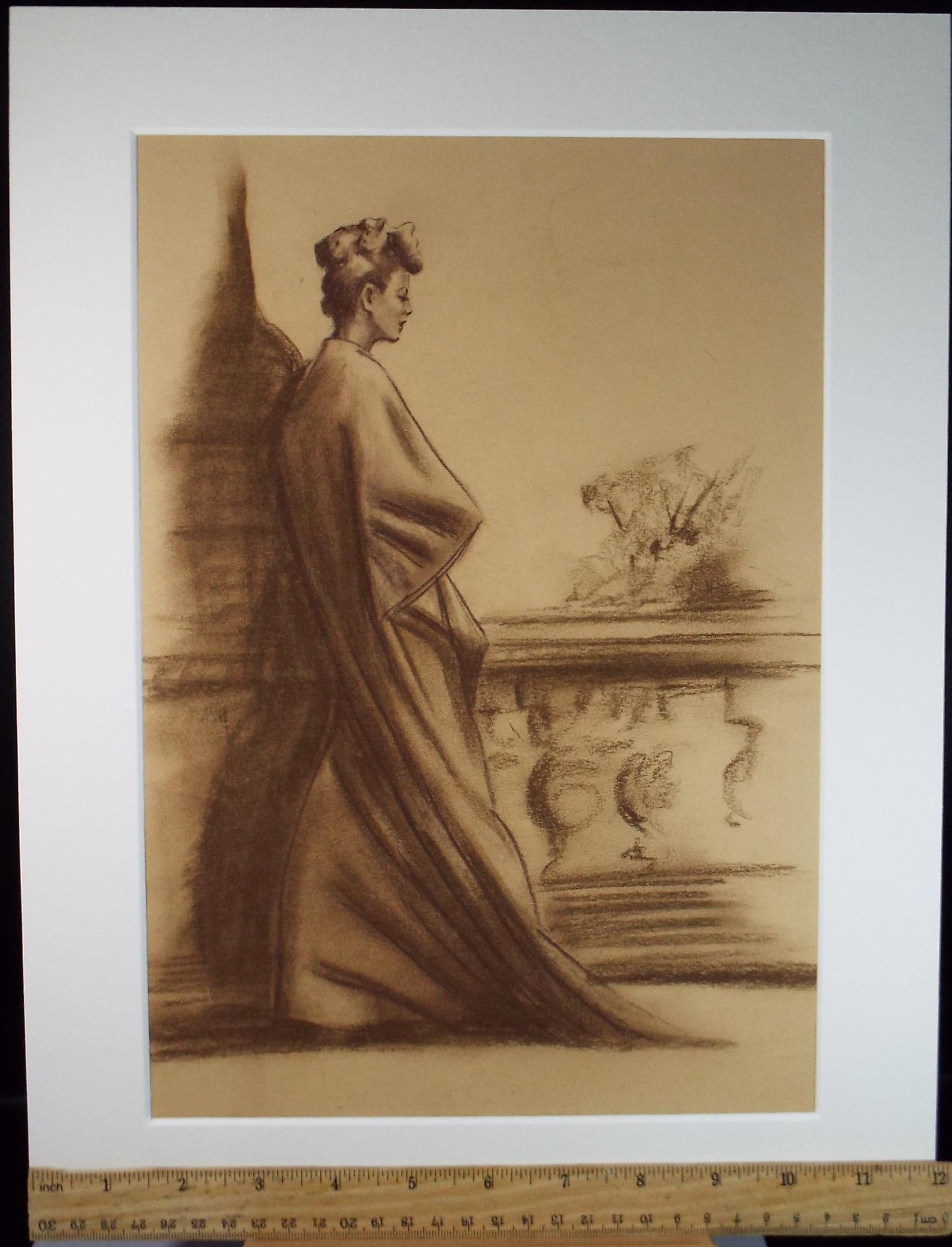 Original Pastel Drawing, Elegant Woman in a Gown', Artist Unknown, Circa 1950's