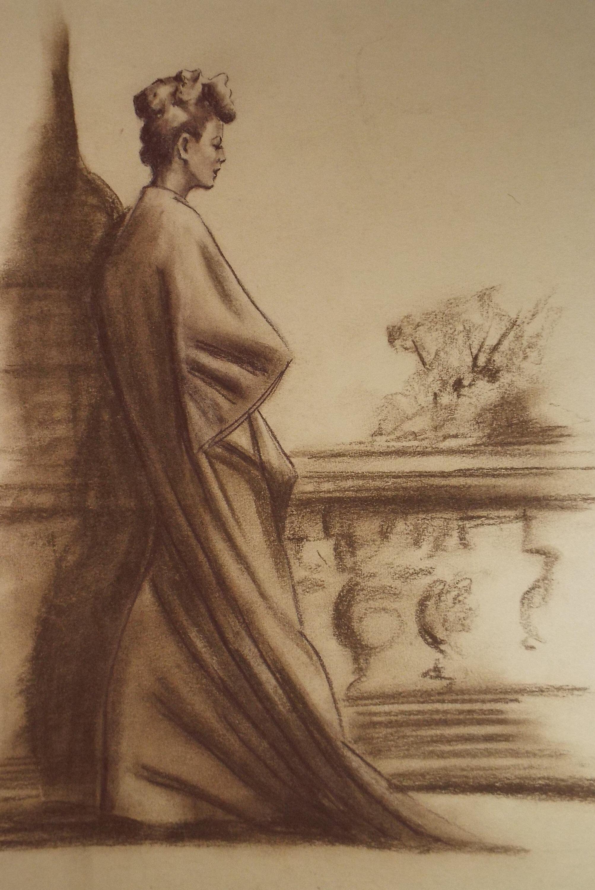 Original Pastel Drawing, Elegant Woman in a Gown', Artist Unknown, Circa 1950's