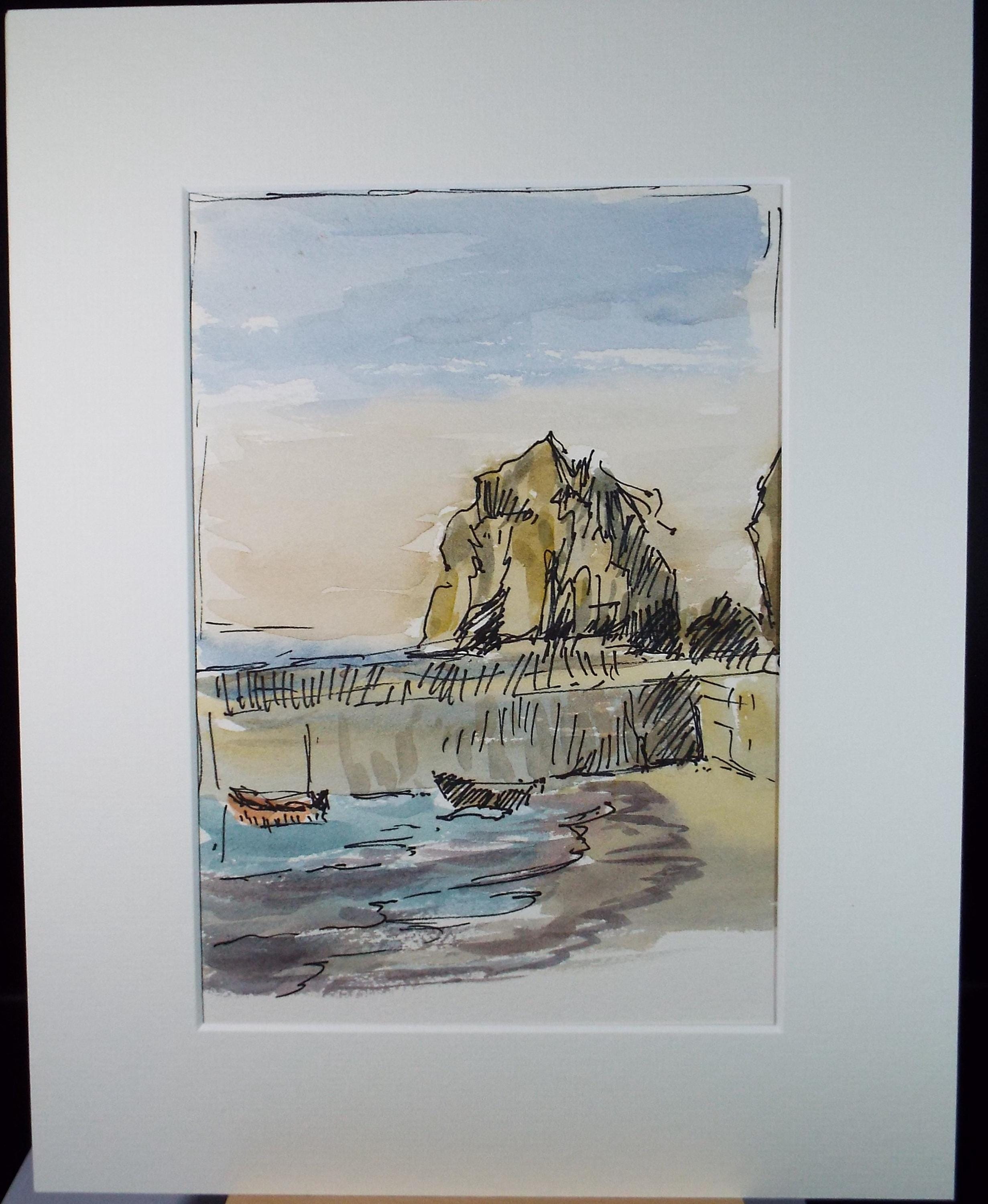 Original Watercolour, 'Beach with Moored Boats', Gwen Rayner, c1970's