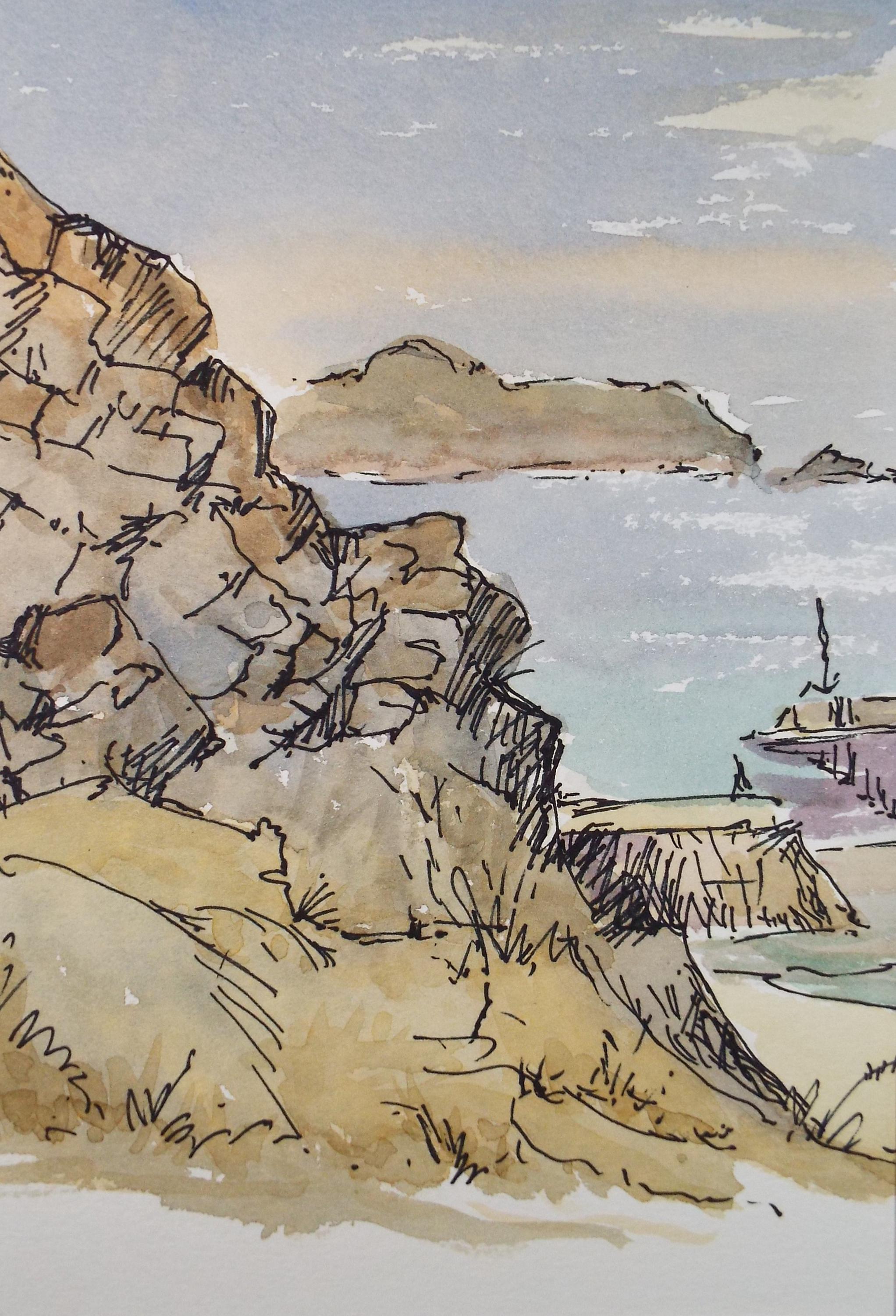 Original Watercolour, 'Rocky Coast', Gwen Rayner, c1970's