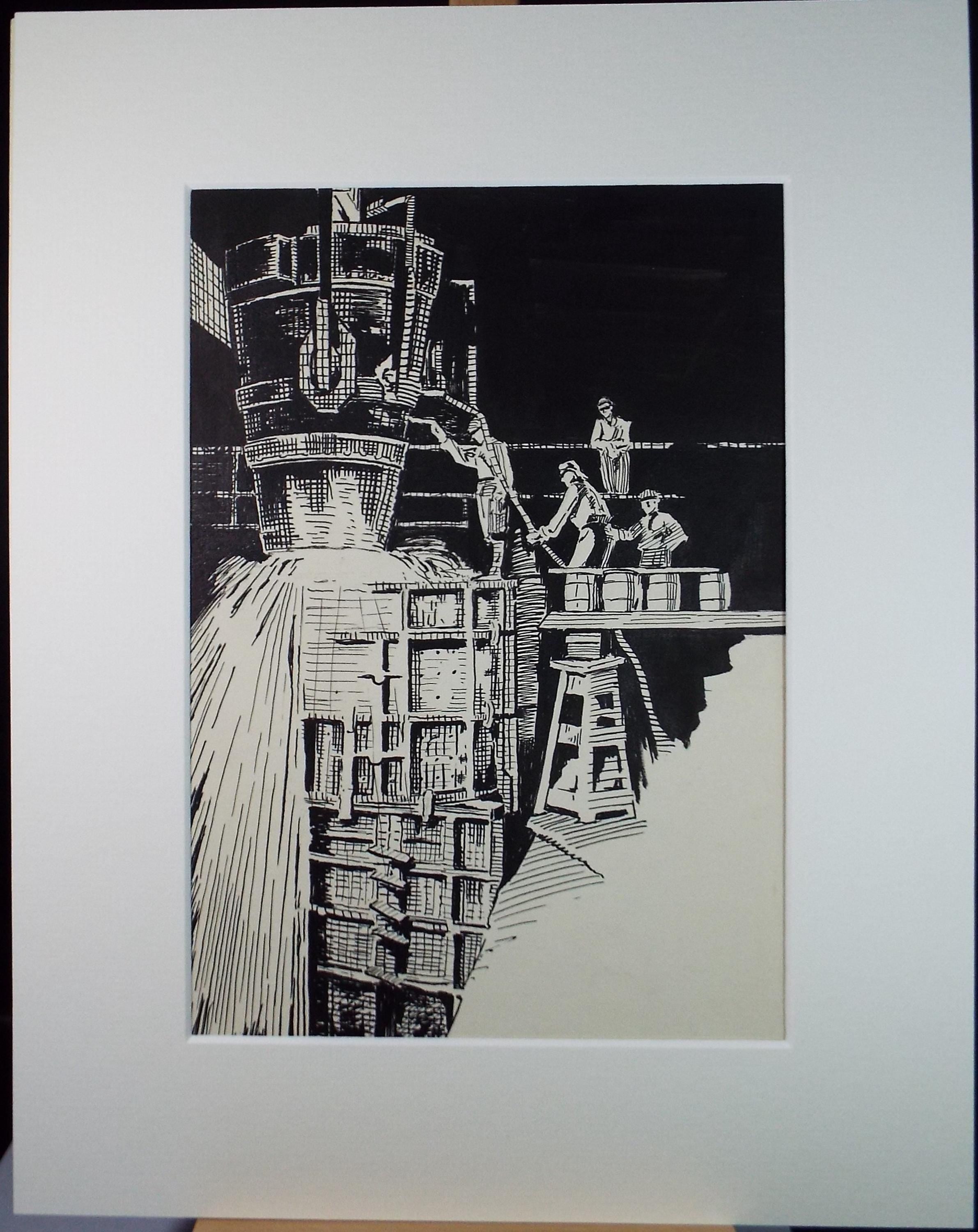 Original Pen & Ink,'At the Steelworks', unknown Artist, circa 1950's