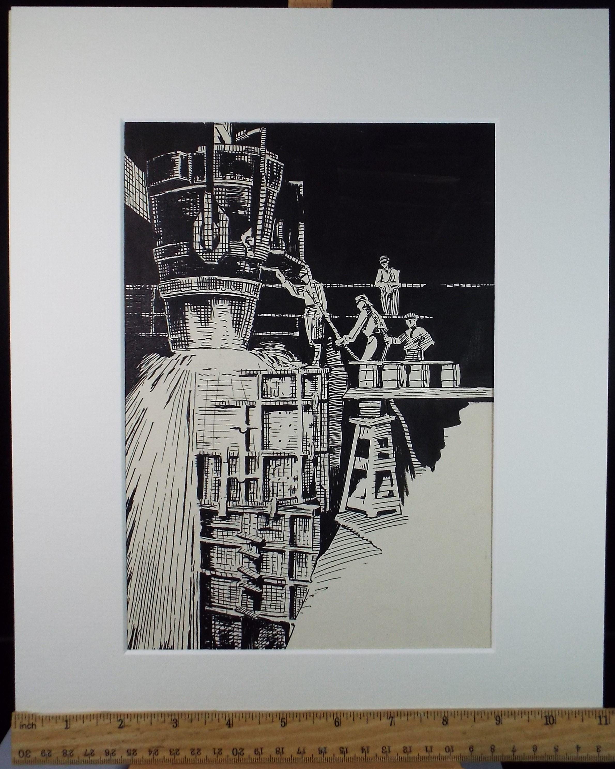 Original Pen & Ink,'At the Steelworks', unknown Artist, circa 1950's