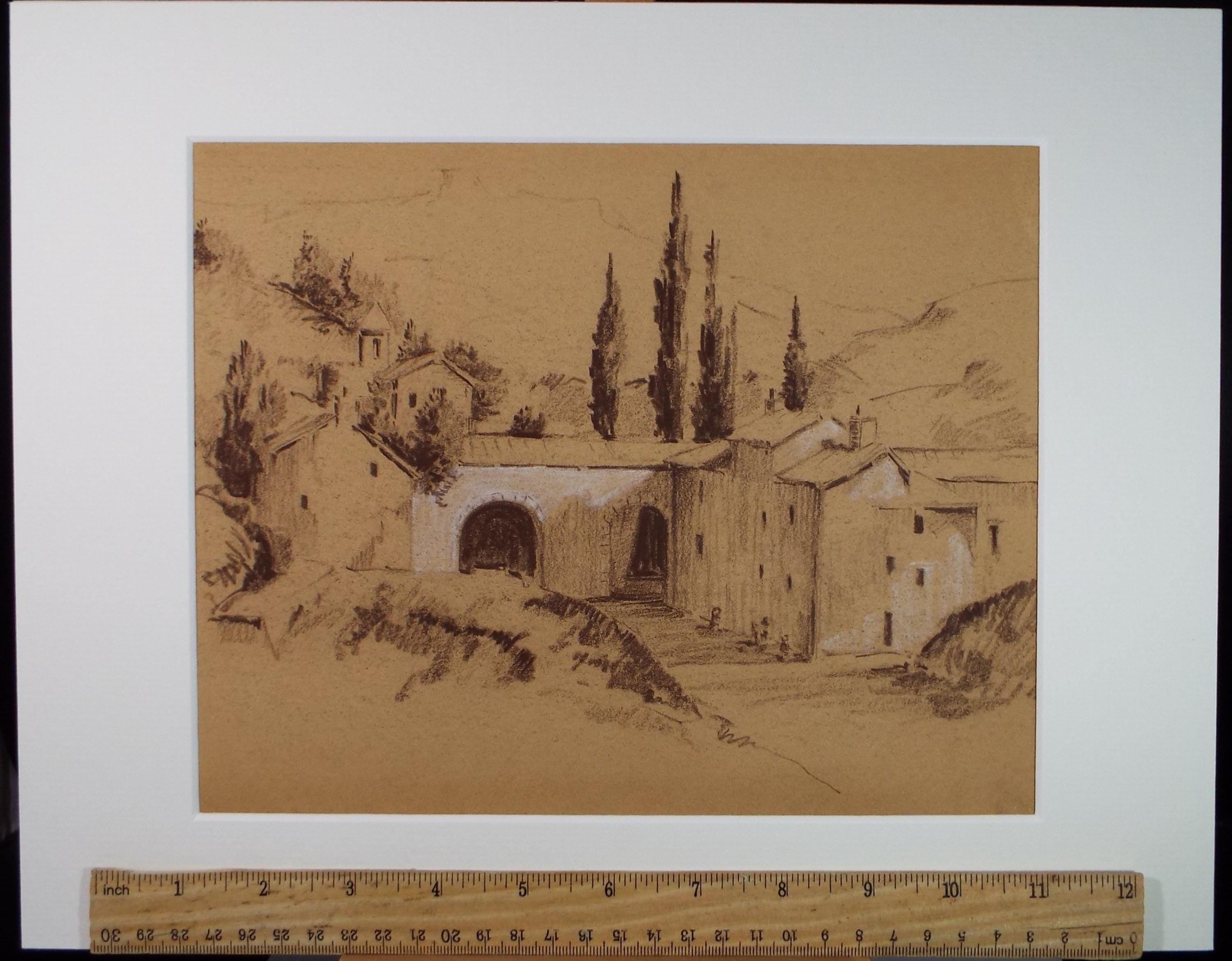 Original Pastel Drawing, 'Italian Farmhouse', Artist Unknown, circa 1950's