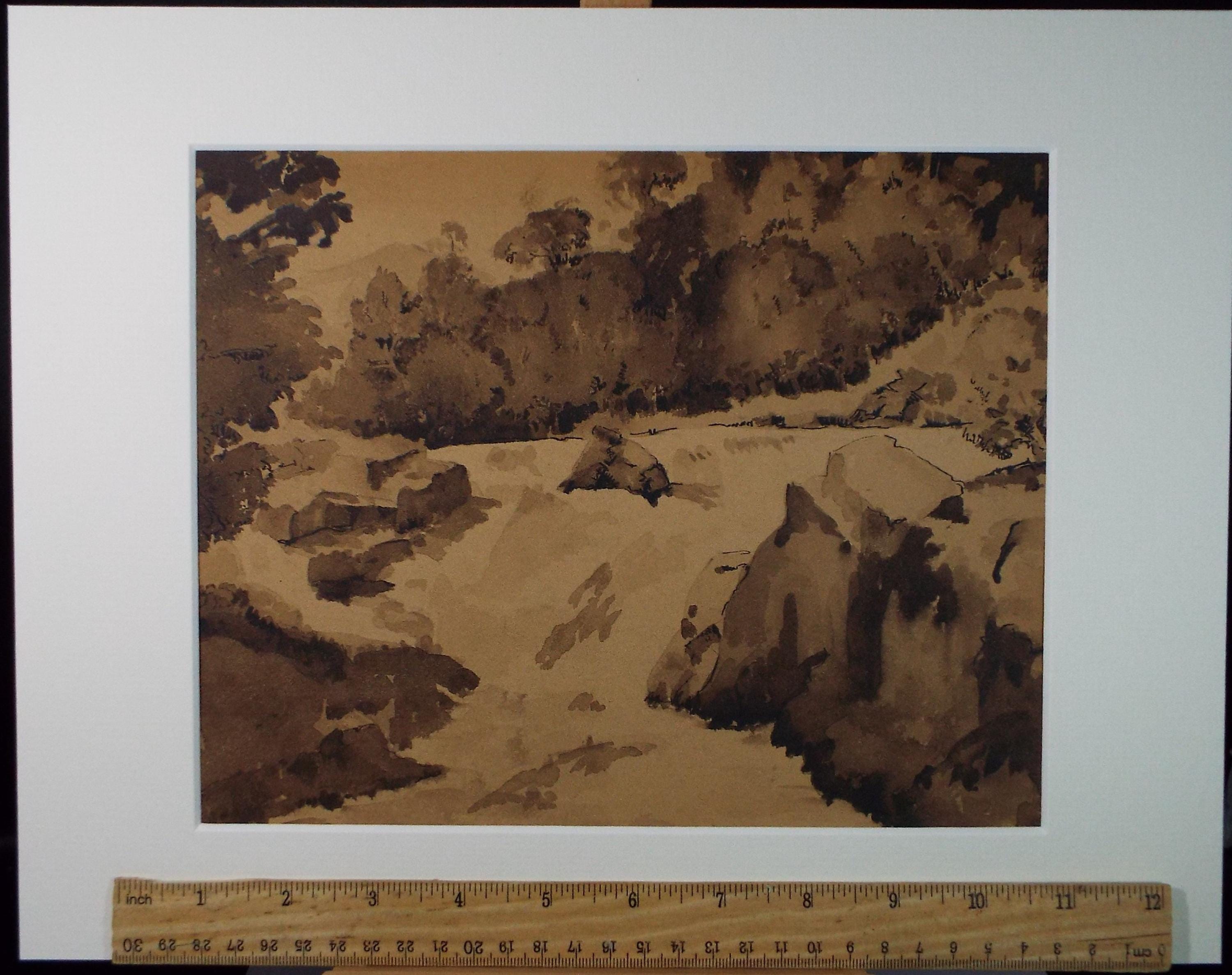 Original Sepia Watercolour, 'River Rapids', Artist Unknown, circa 1950's