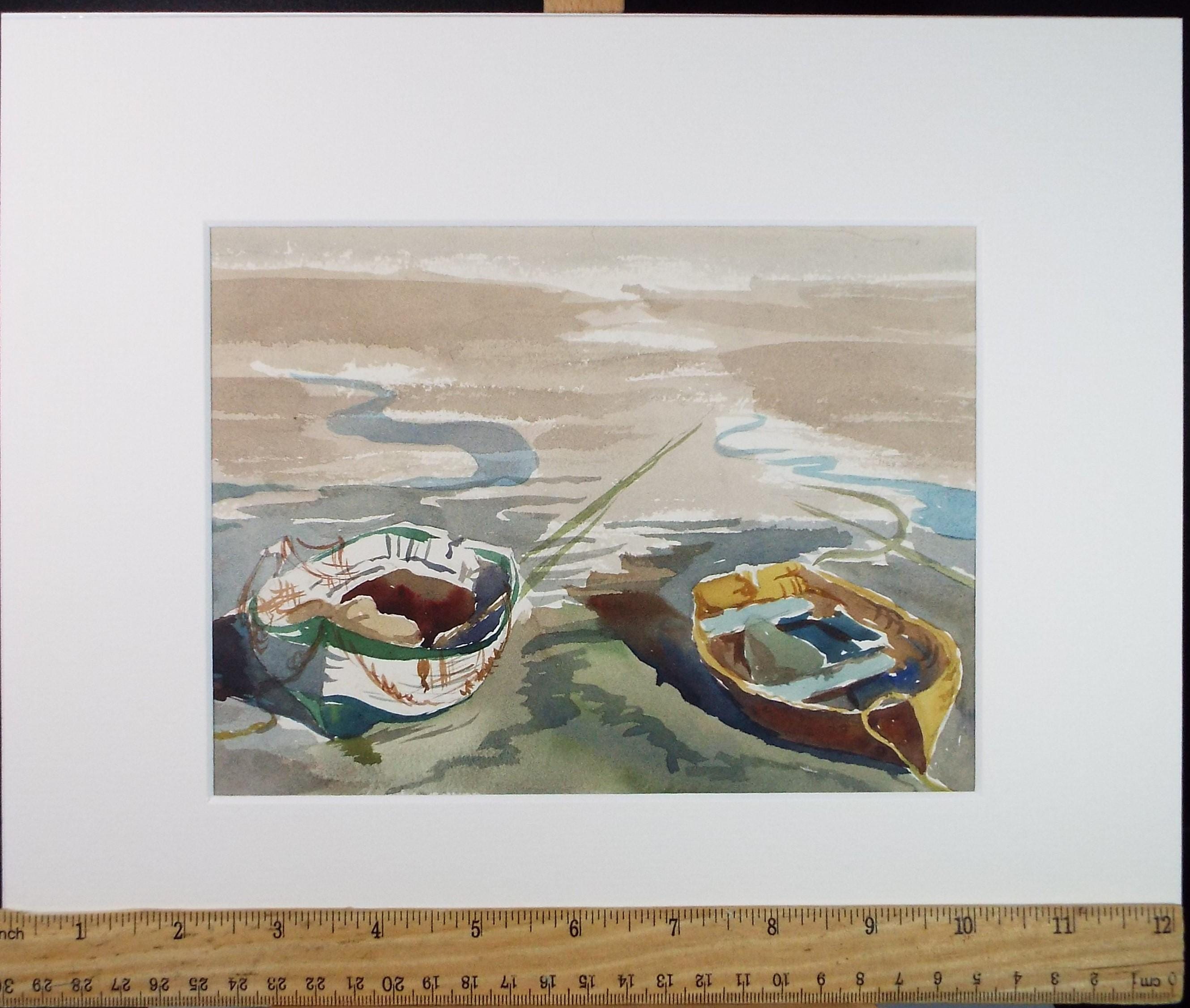 Original Watercolour, 'Boats on the Shore', unknown artist, circa 1950's