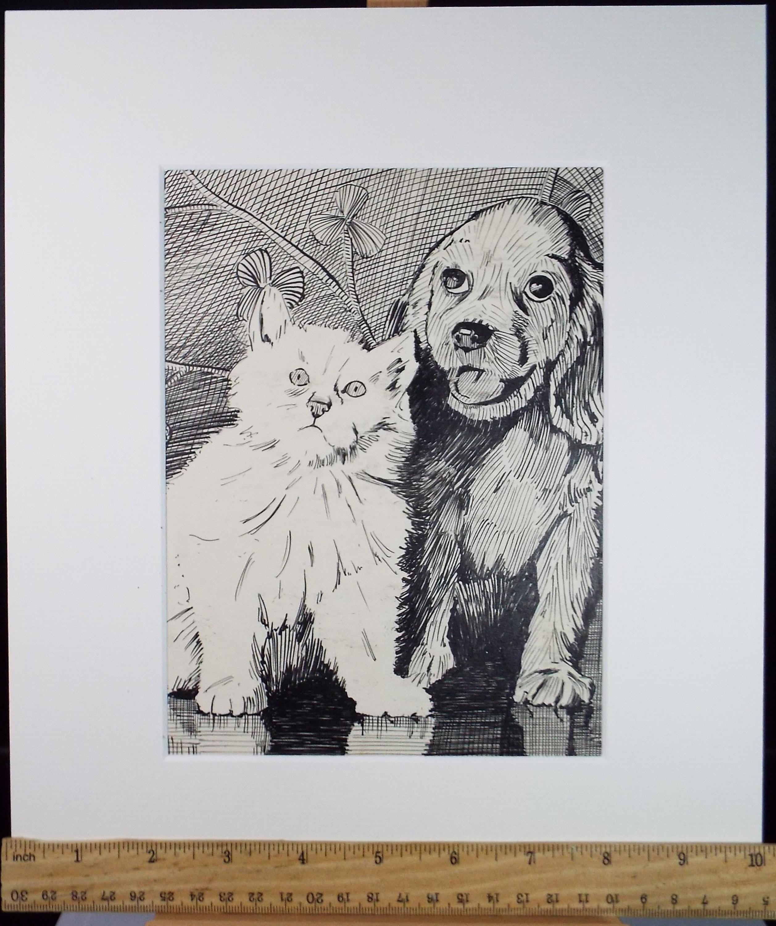 Original Pen & ink, 'Cat and Dog', unknown artist, circa 1950's