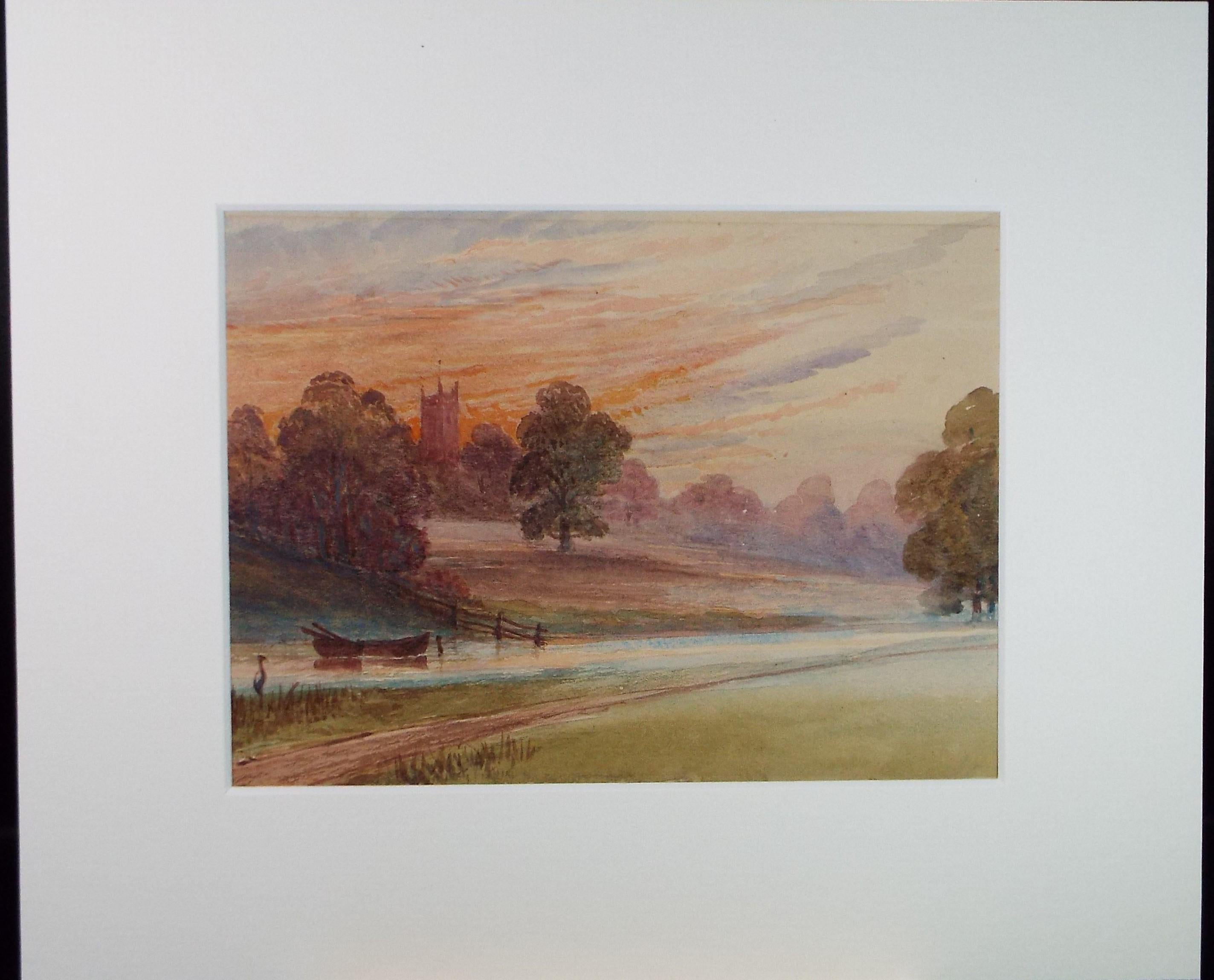 Original Watercolour, 'Landscape at Sunset', Late 19th Century, Artist Unknown
