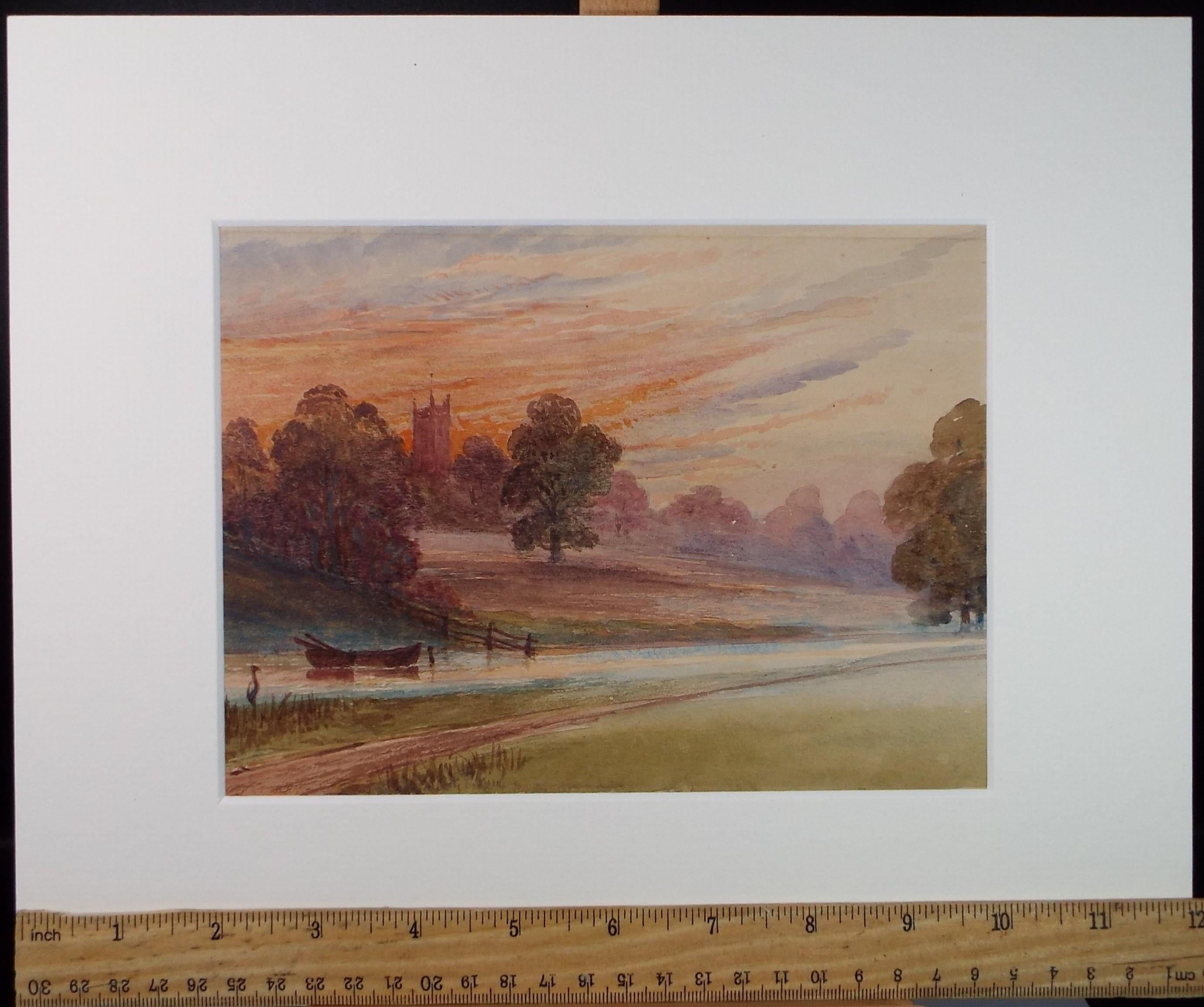 Original Watercolour, 'Landscape at Sunset', Late 19th Century, Artist Unknown
