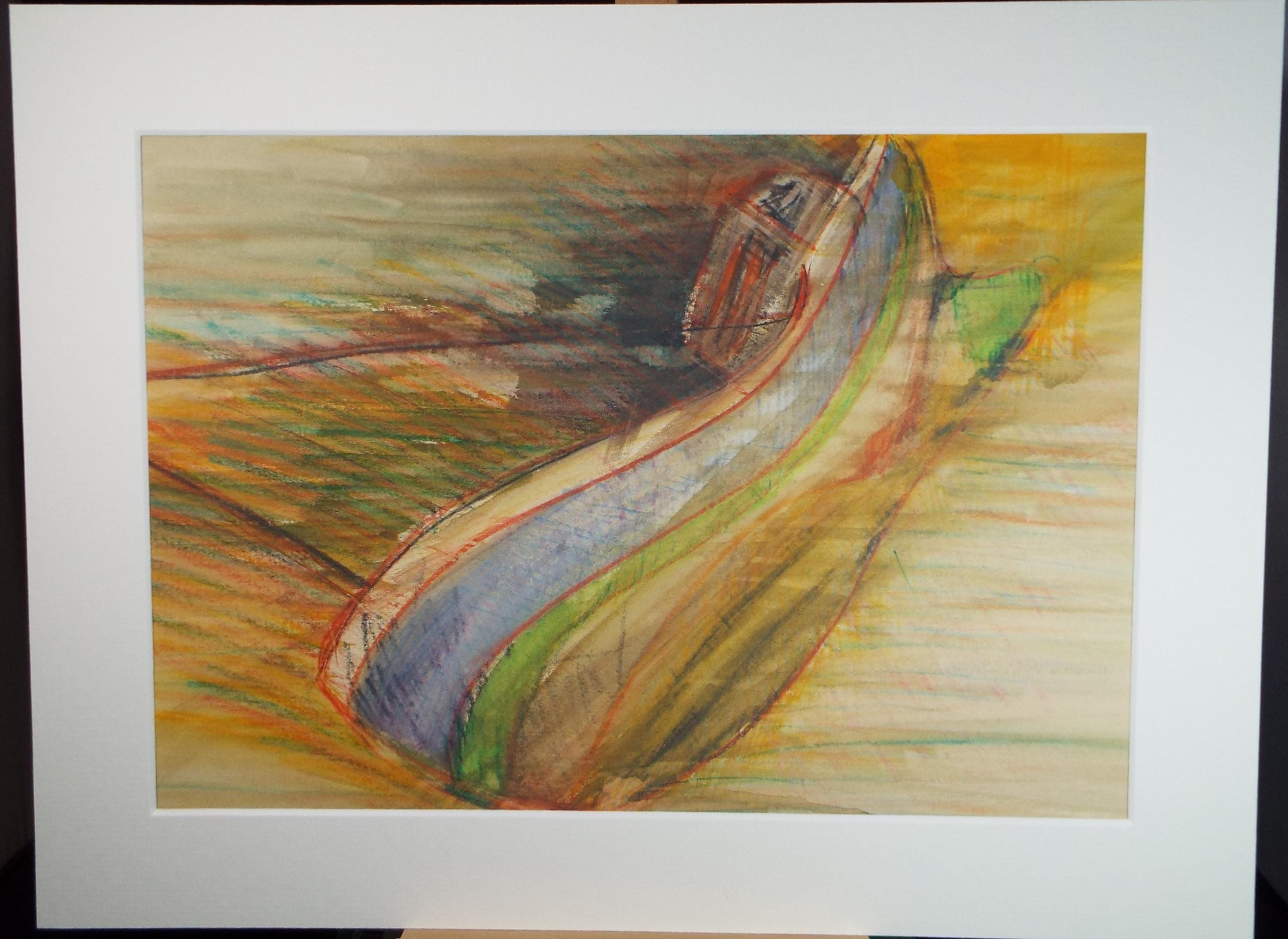 Original Watercolour & coloured Pencil , 'Boat on the shore', Unknown artist, circa 1980's