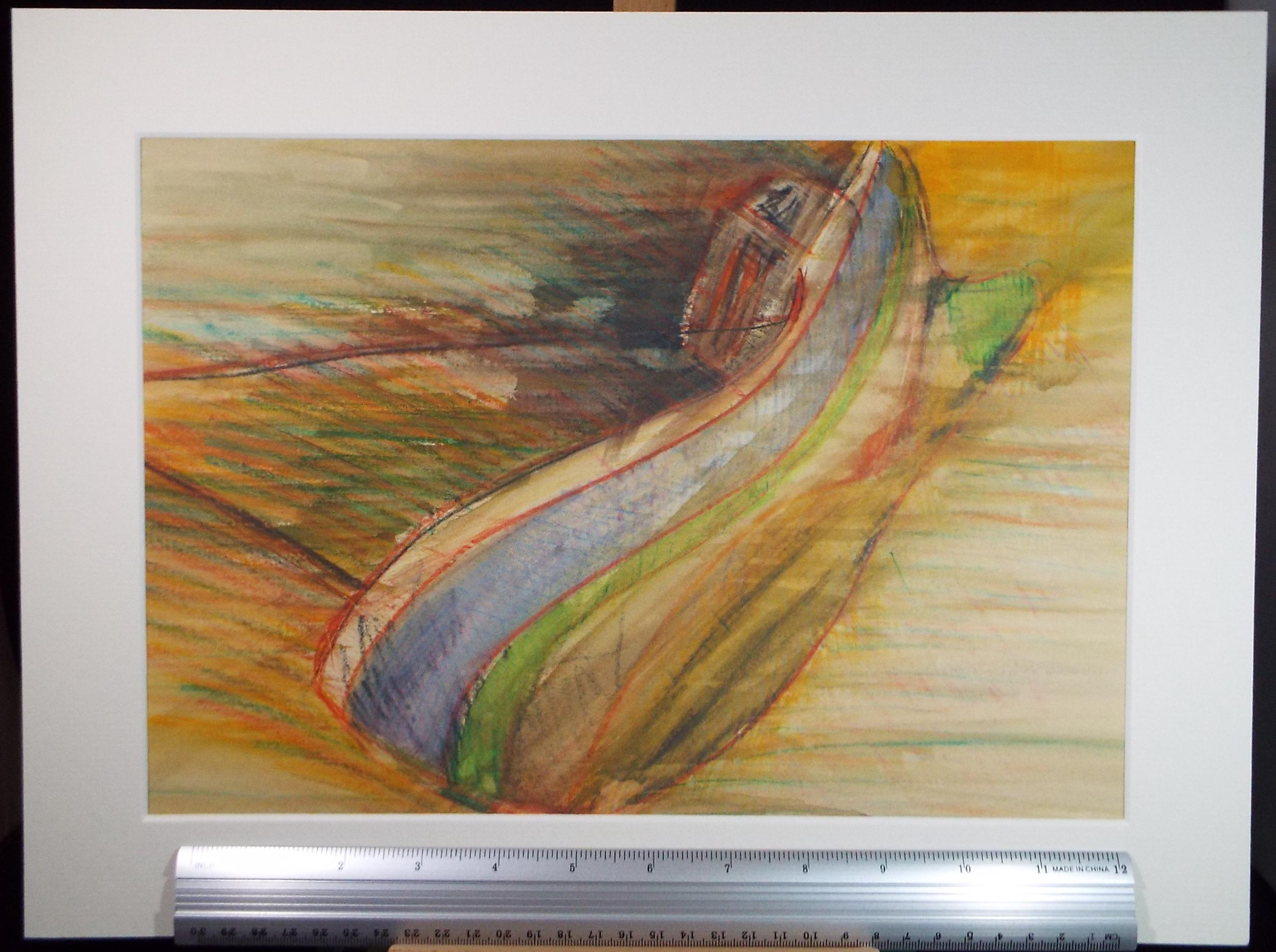 Original Watercolour & coloured Pencil , 'Boat on the shore', Unknown artist, circa 1980's