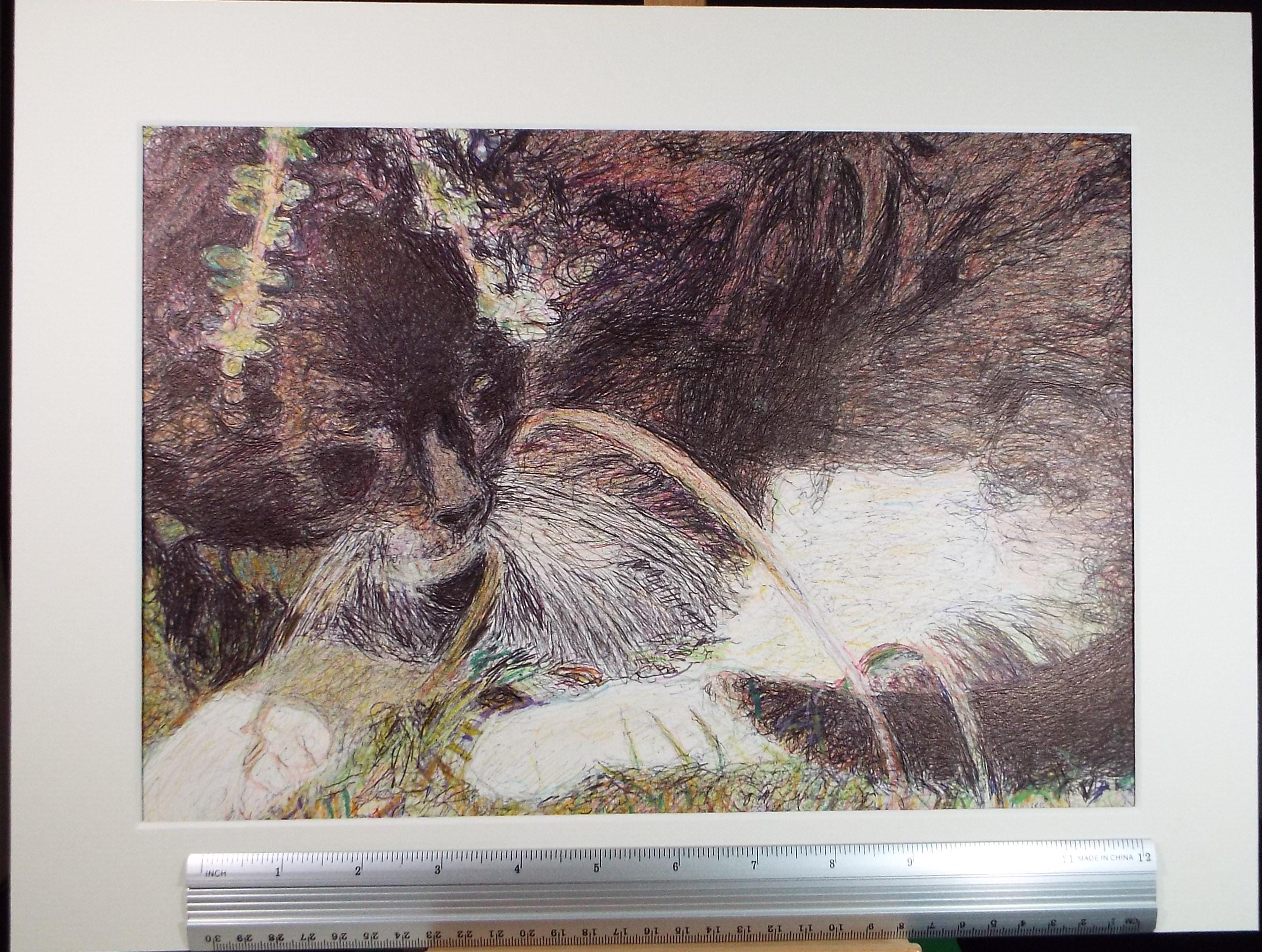 Original Coloured Pencil & Ballpoint pen, 'Cat Study', Unknown Artist, Circa 1980's