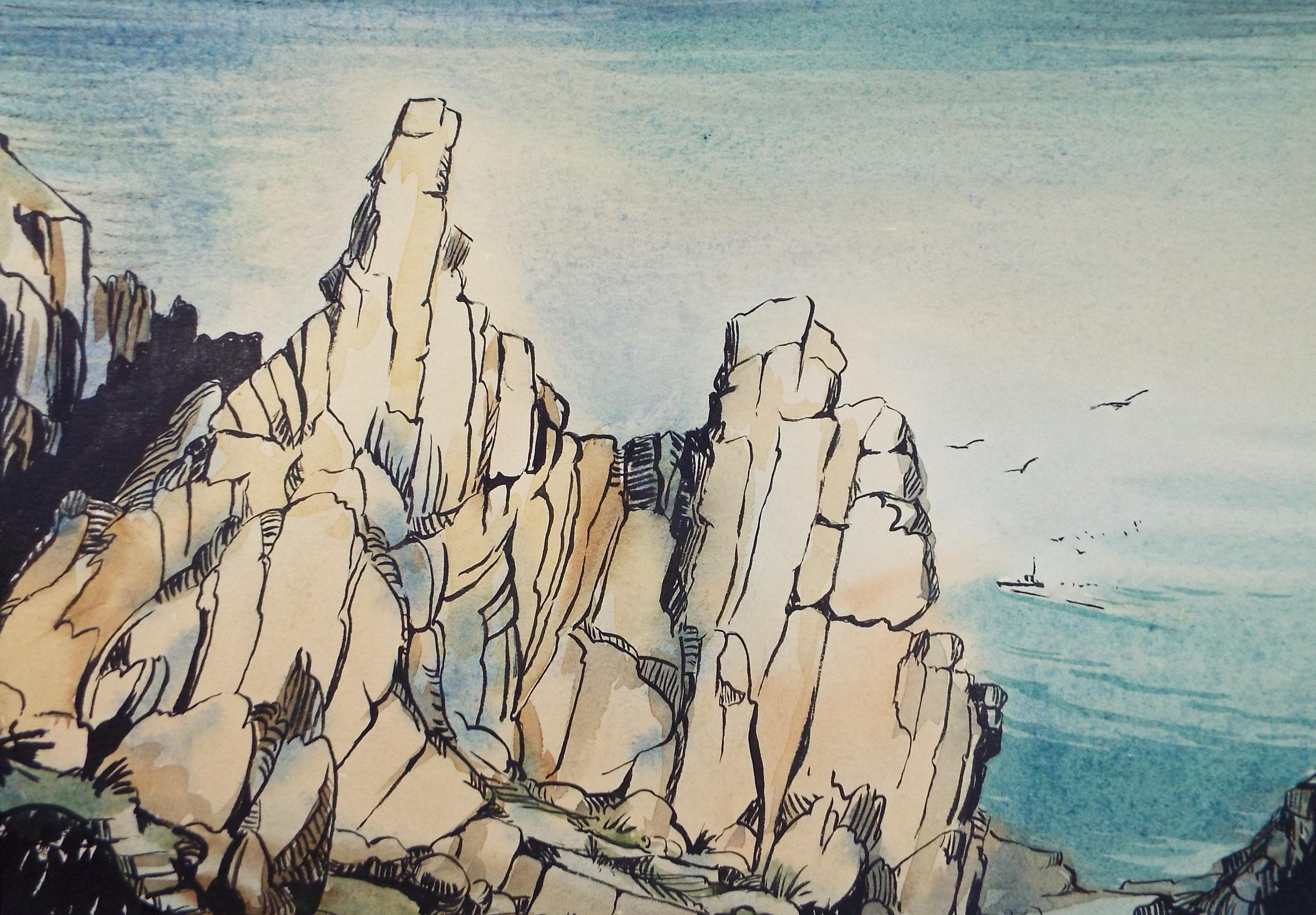 Original Watercolour, 'Coastal Cliffs', Gwen Rayner, c1970's