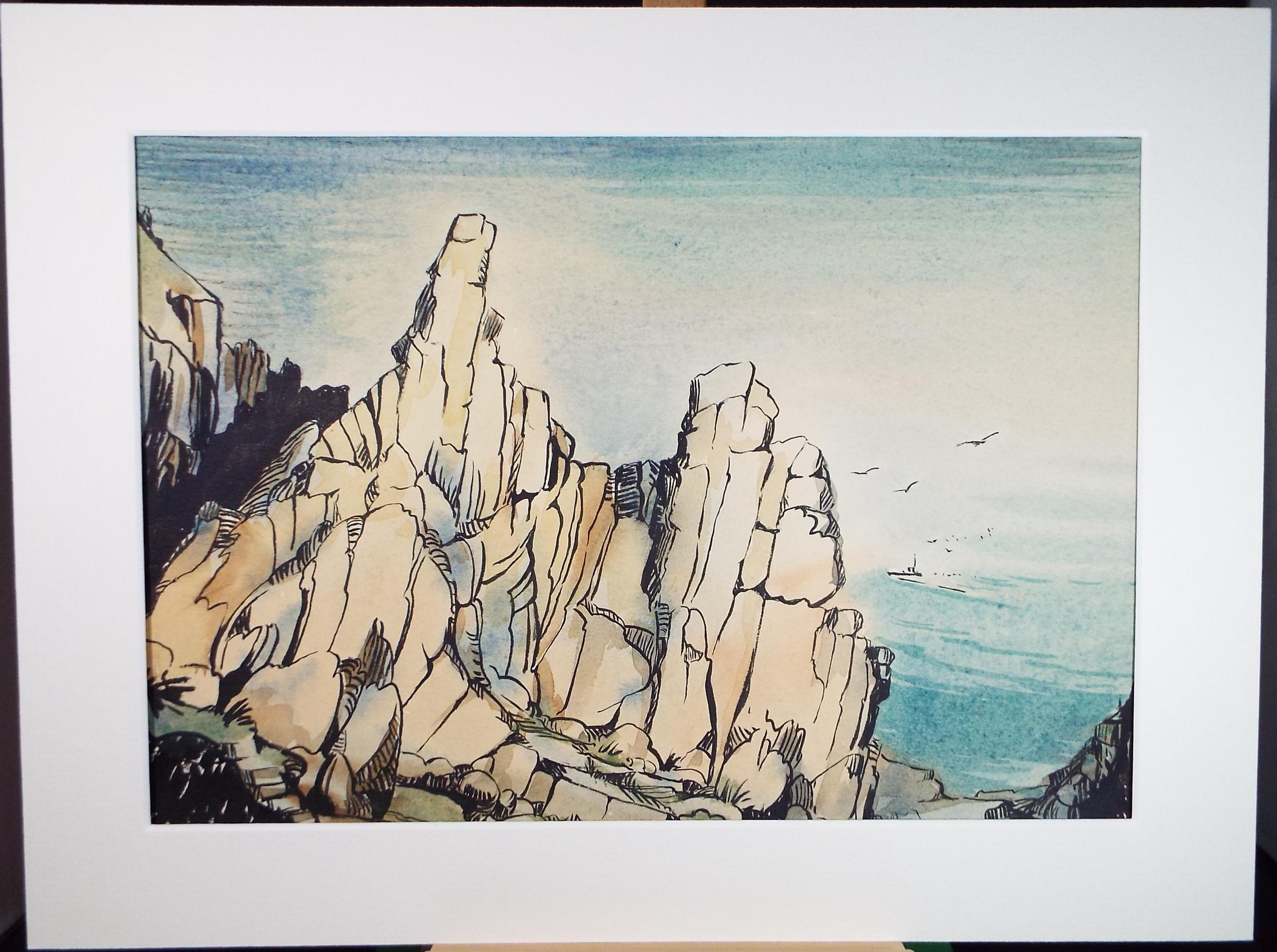 Original Watercolour, 'Coastal Cliffs', Gwen Rayner, c1970's