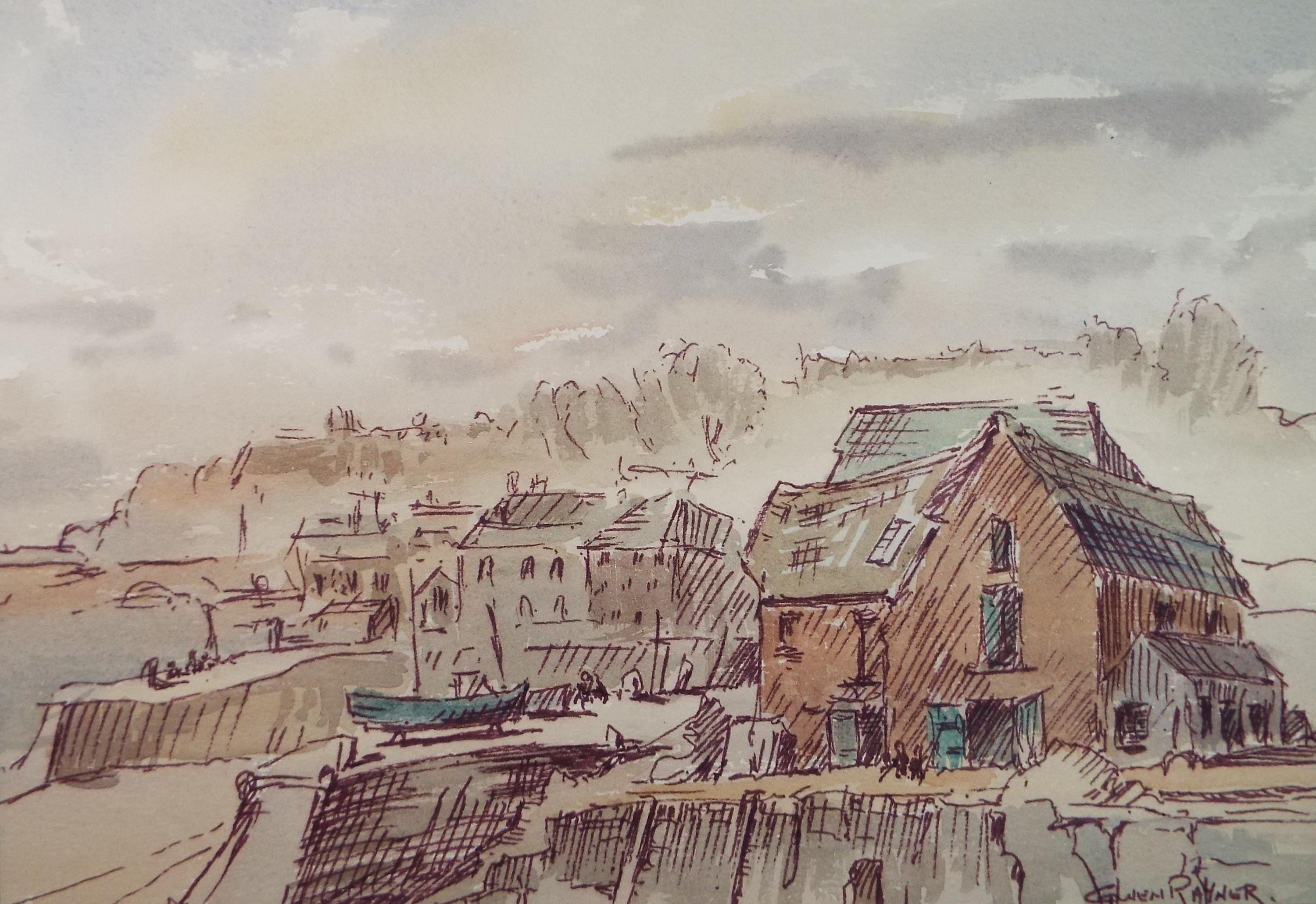 Original Watercolour, 'Fishing Village', Gwen Rayner, c1970's