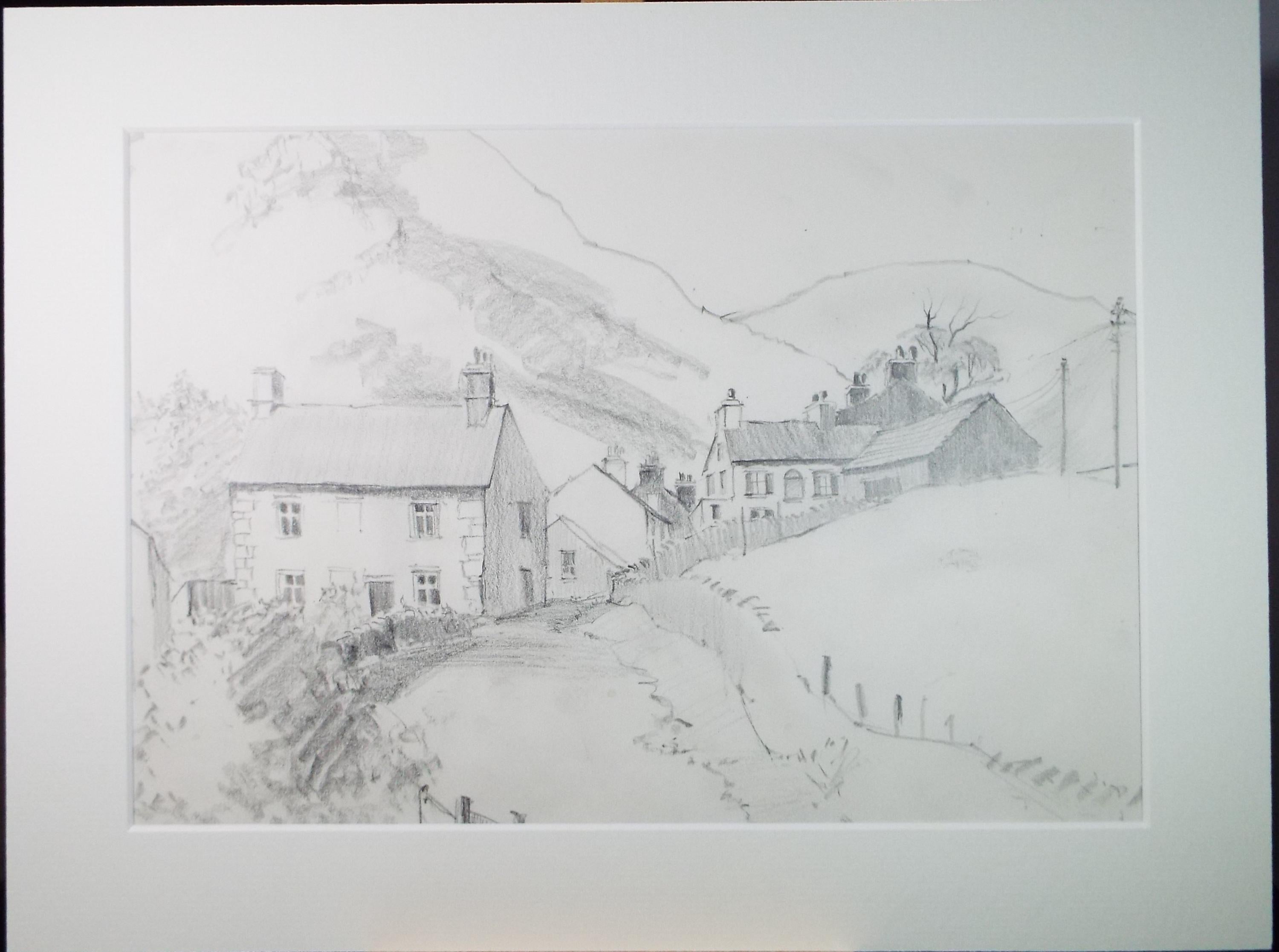 Original Pencil Drawing, 'Hamlet below the mountain', Tom Sykes, Circa 1980's
