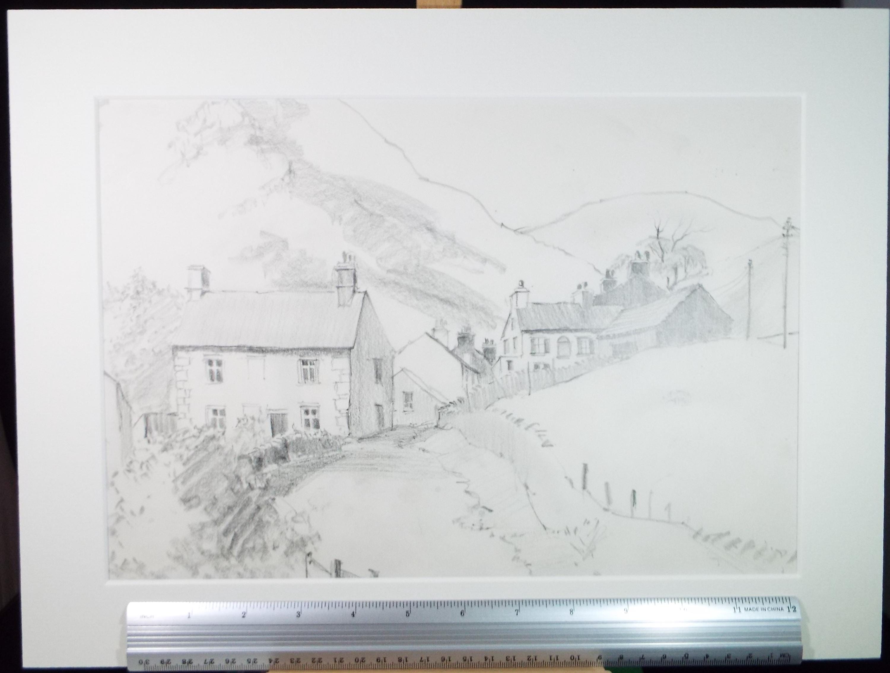 Original Pencil Drawing, 'Hamlet below the mountain', Tom Sykes, Circa 1980's