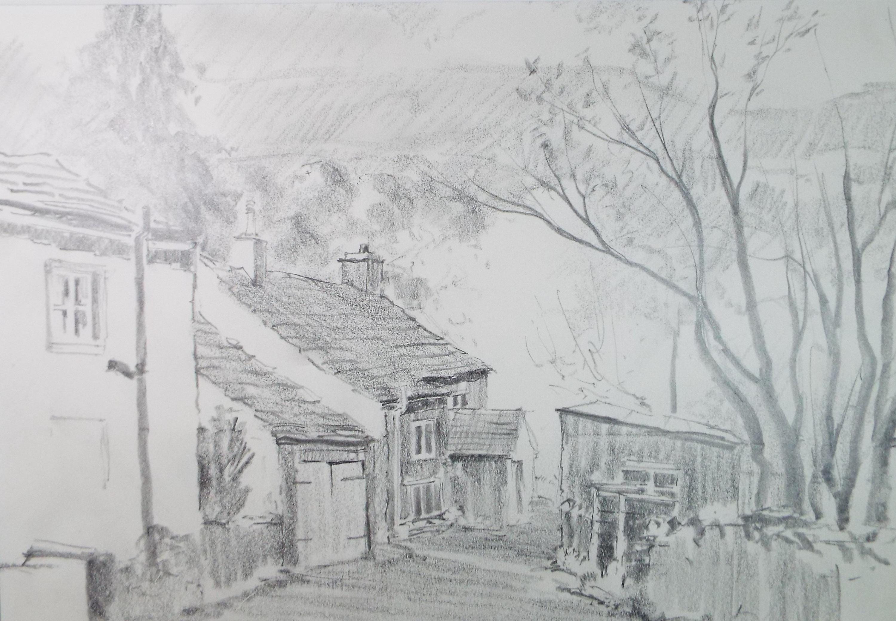 Original Pencil Drawing, 'Corner of Kettlewell', Tom Sykes, Circa 1980's