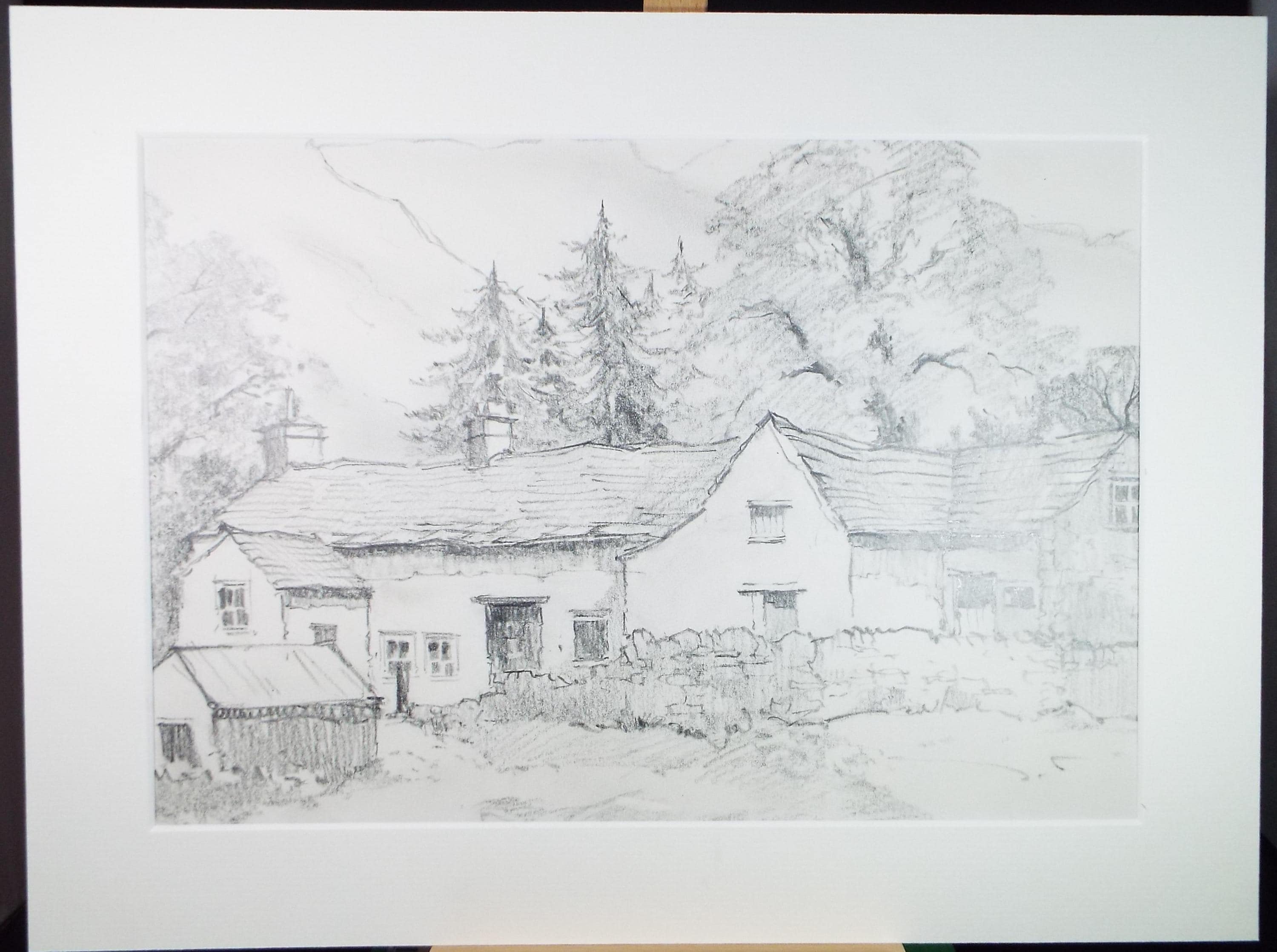 Original Pencil Drawing, 'Farmhouse below the Mountain', Tom Sykes, Circa 1980's
