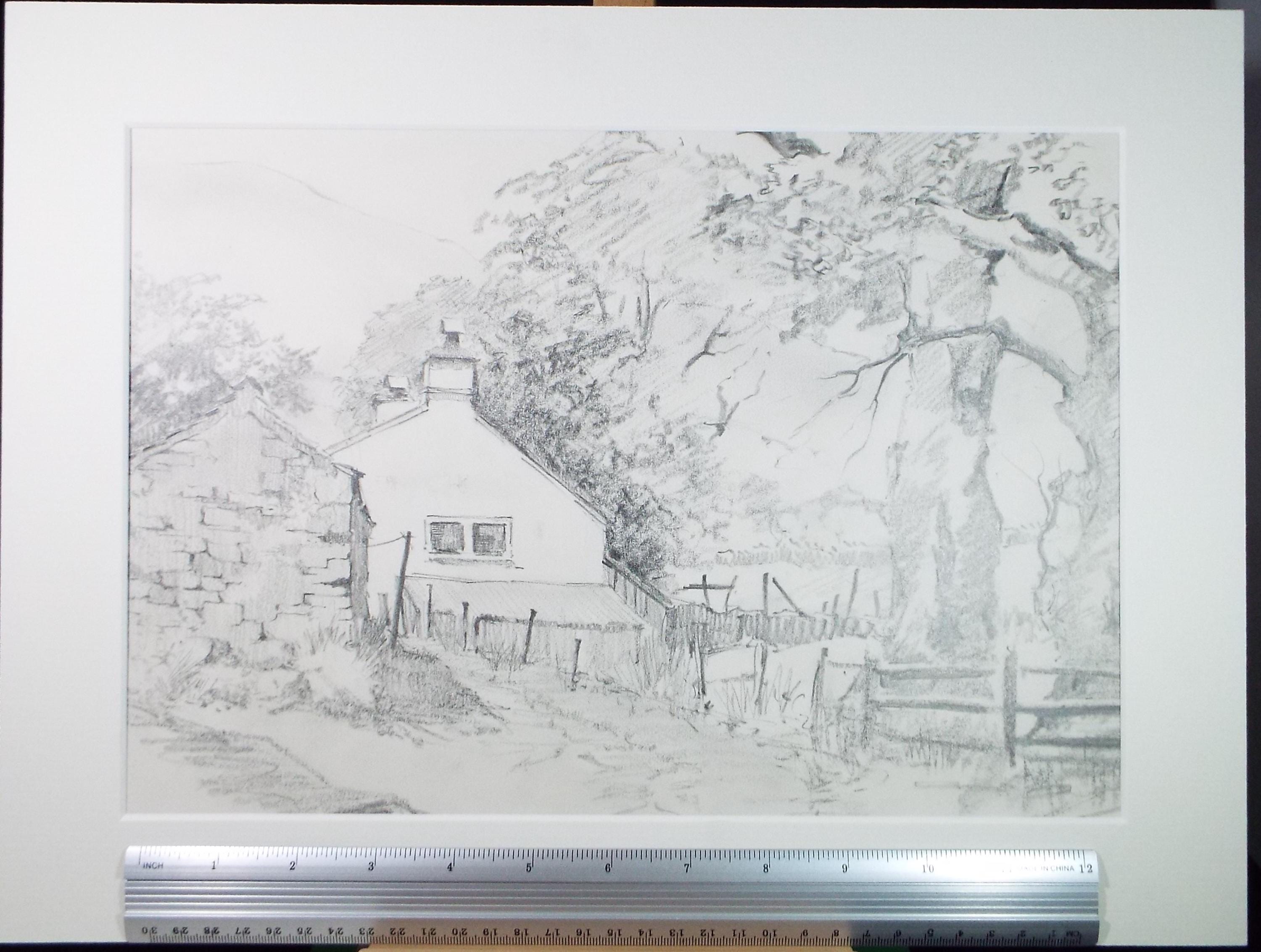 Original Pencil Drawing, 'Farmhouse below the Mountain', Tom Sykes, Circa 1980's