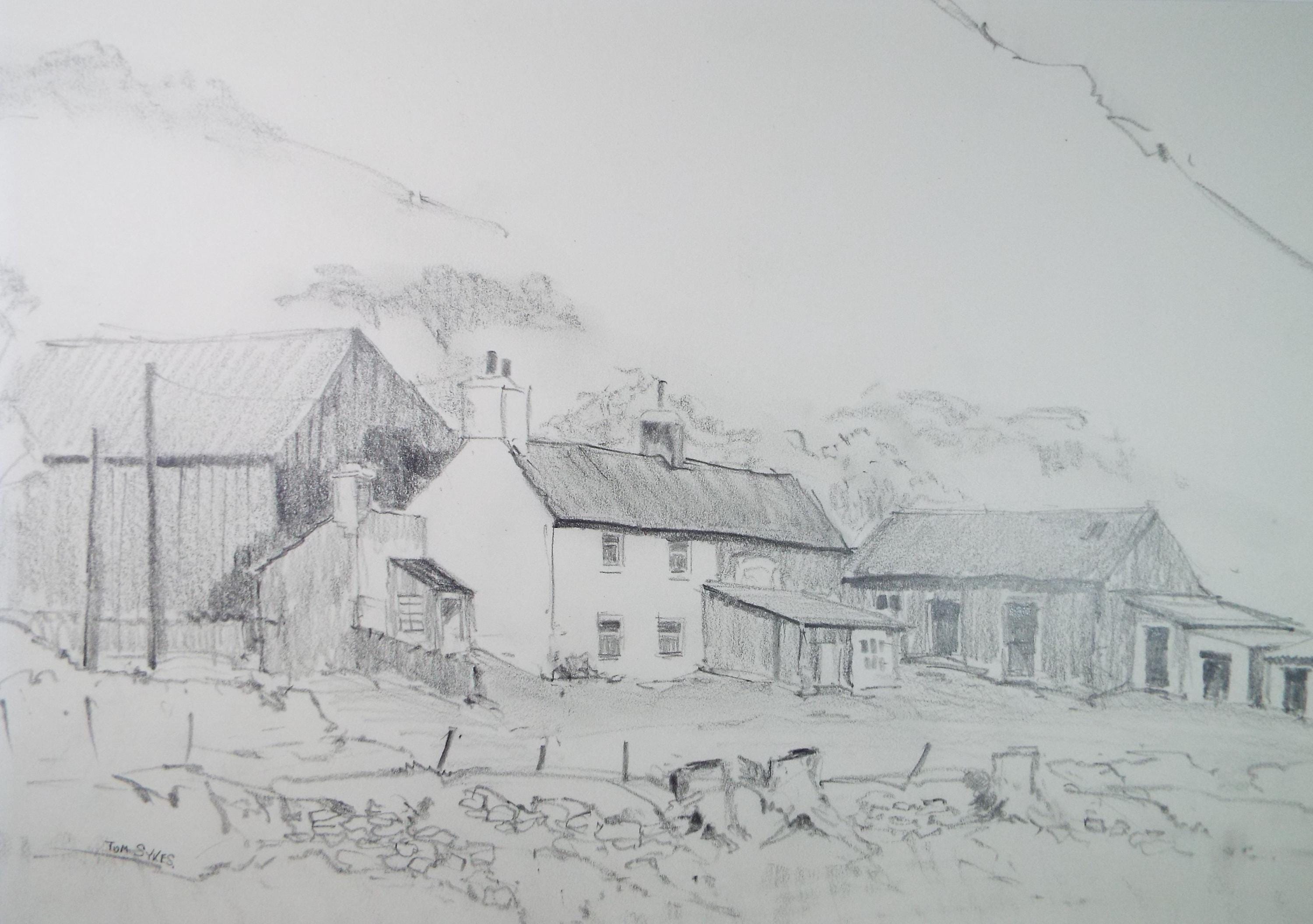 Original Pencil Drawing, 'Farm study-North Wales', Tom Sykes, Circa 1980's