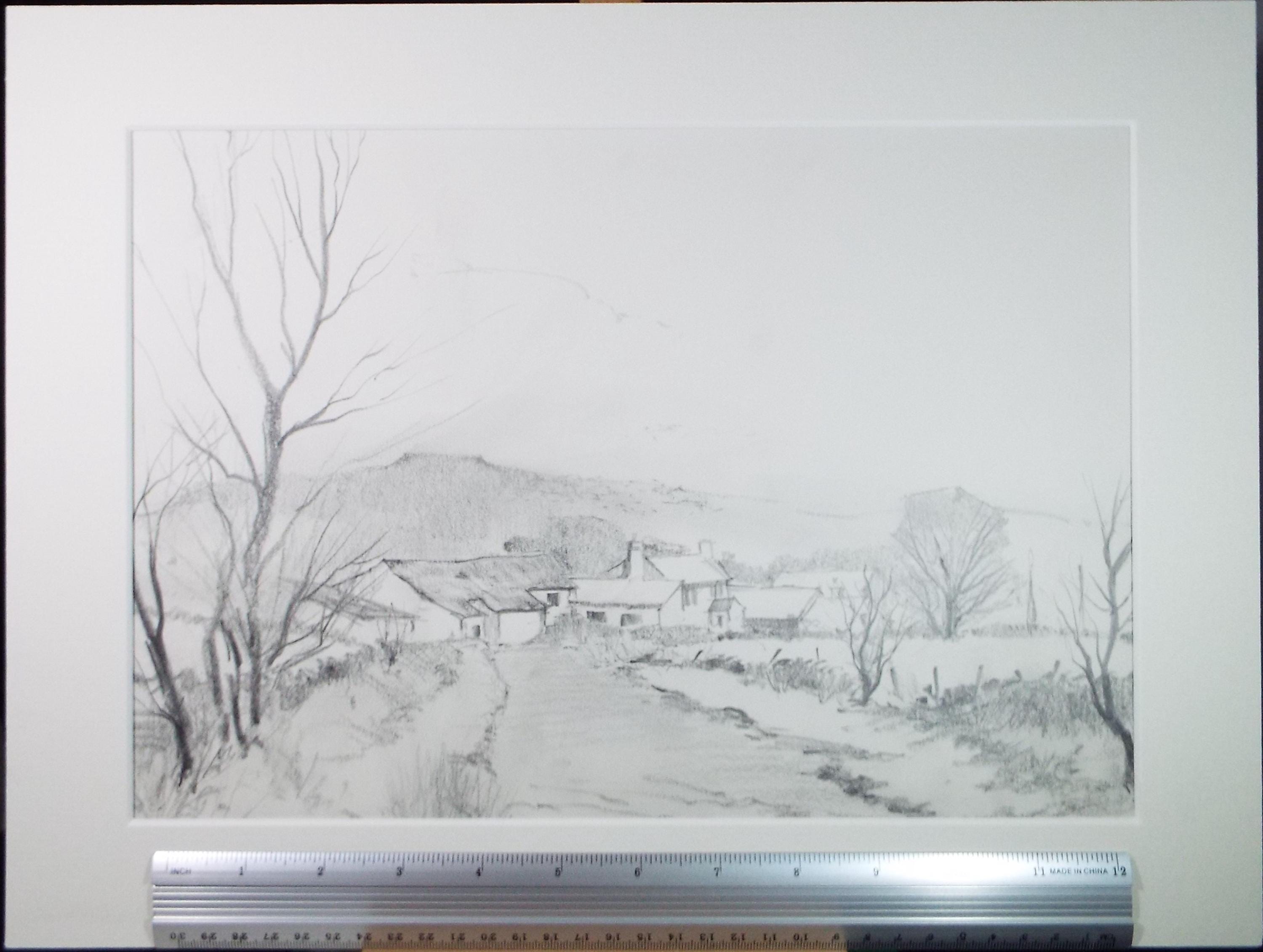 Original Pencil Drawing, 'Hamlet in the Valley', Tom Sykes, Circa 1980's