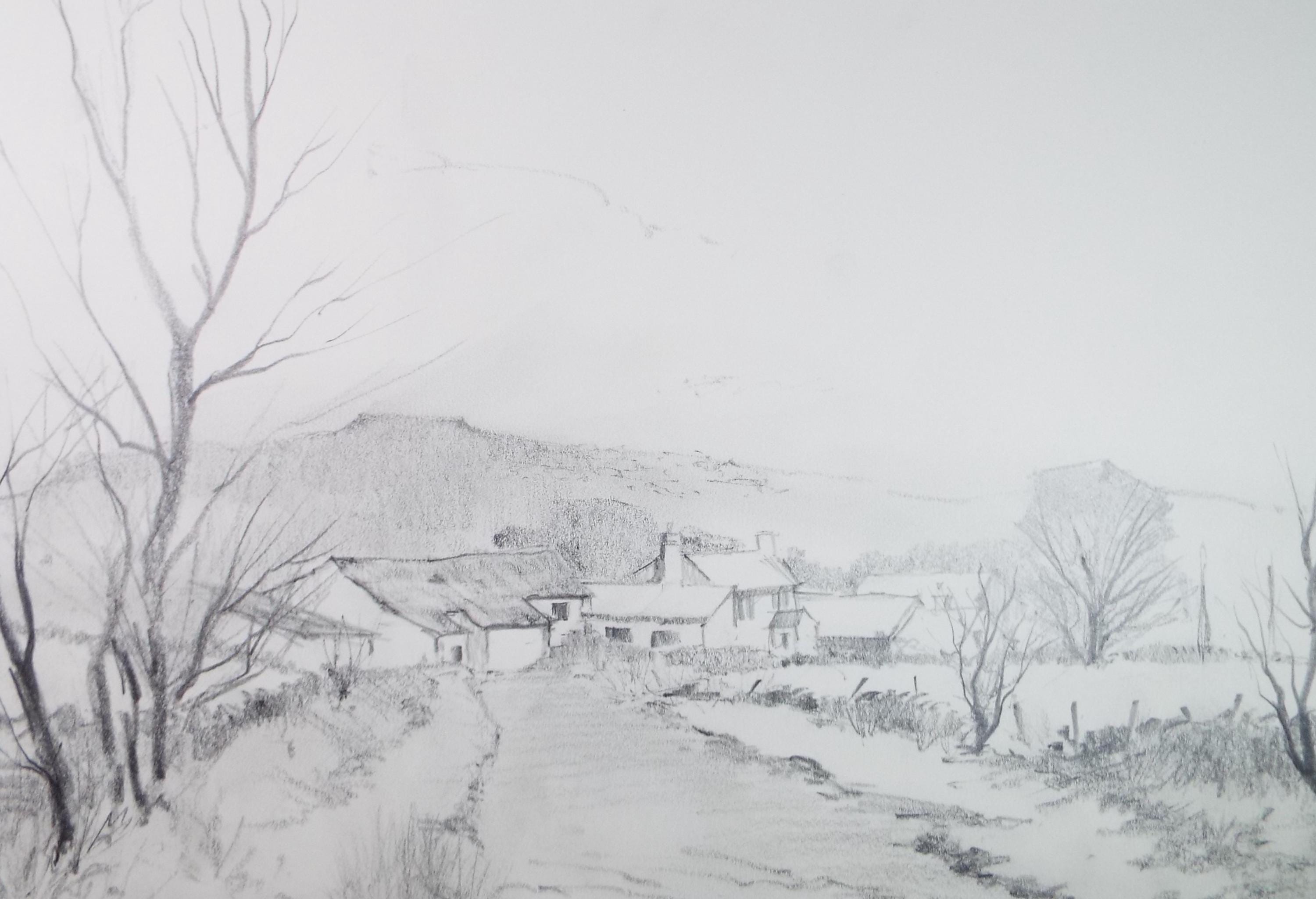Original Pencil Drawing, 'Hamlet in the Valley', Tom Sykes, Circa 1980's