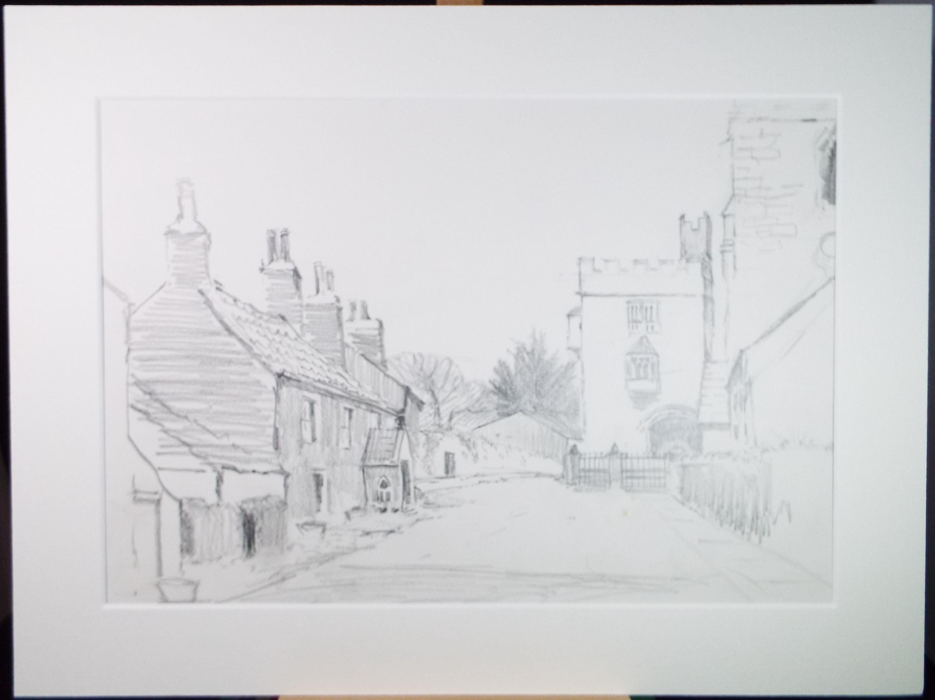 Original Pencil Drawing, 'Village Street with Church', Tom Sykes, Circa 1980's