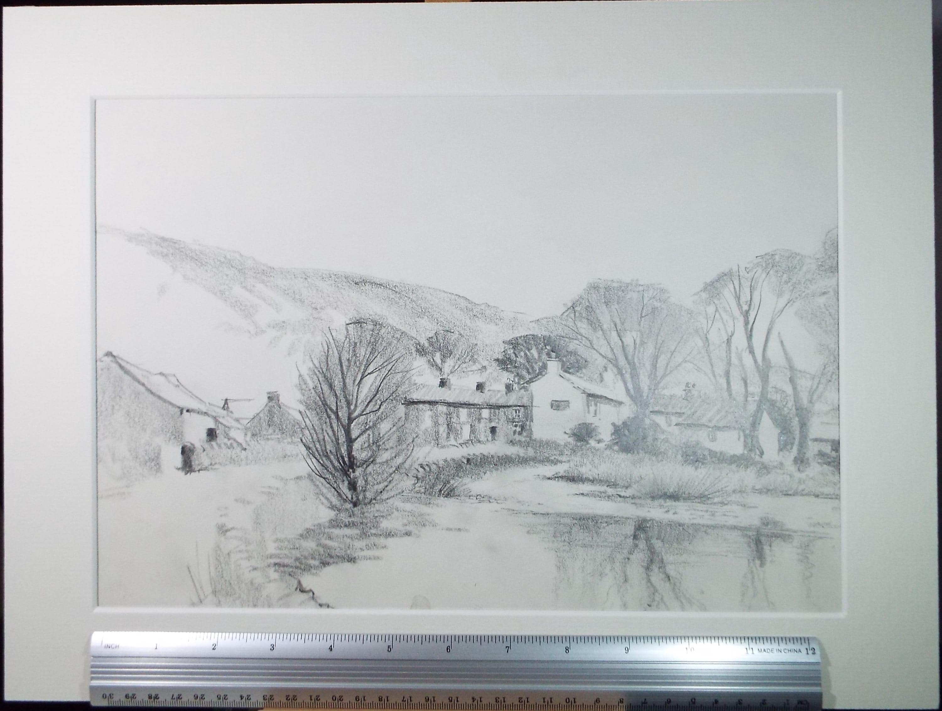 Original Pencil Drawing, 'Hamlet in the Valley', Tom Sykes, Circa 1980's