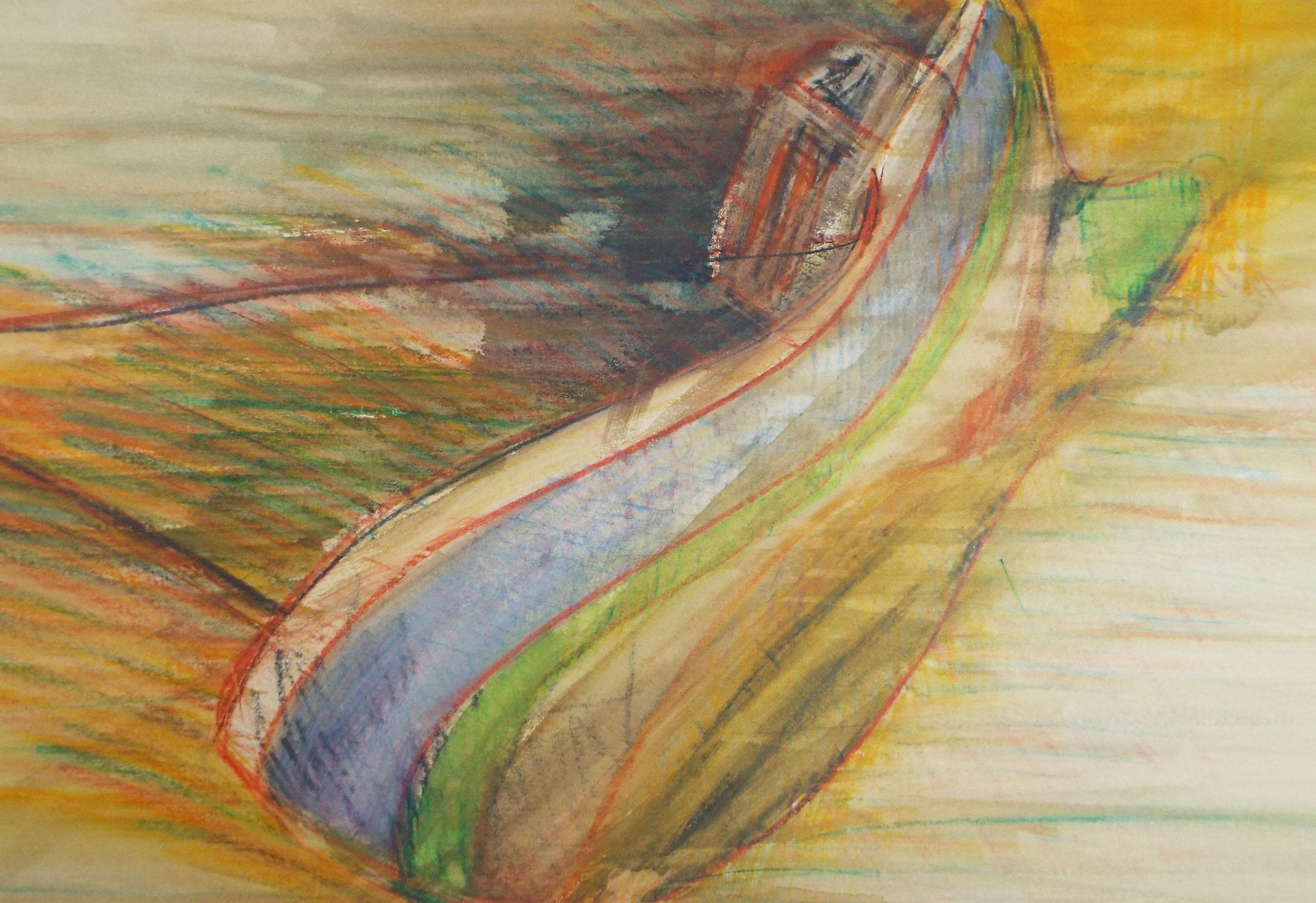 Original Watercolour & coloured Pencil , 'Boat on the shore', Unknown artist, circa 1980's