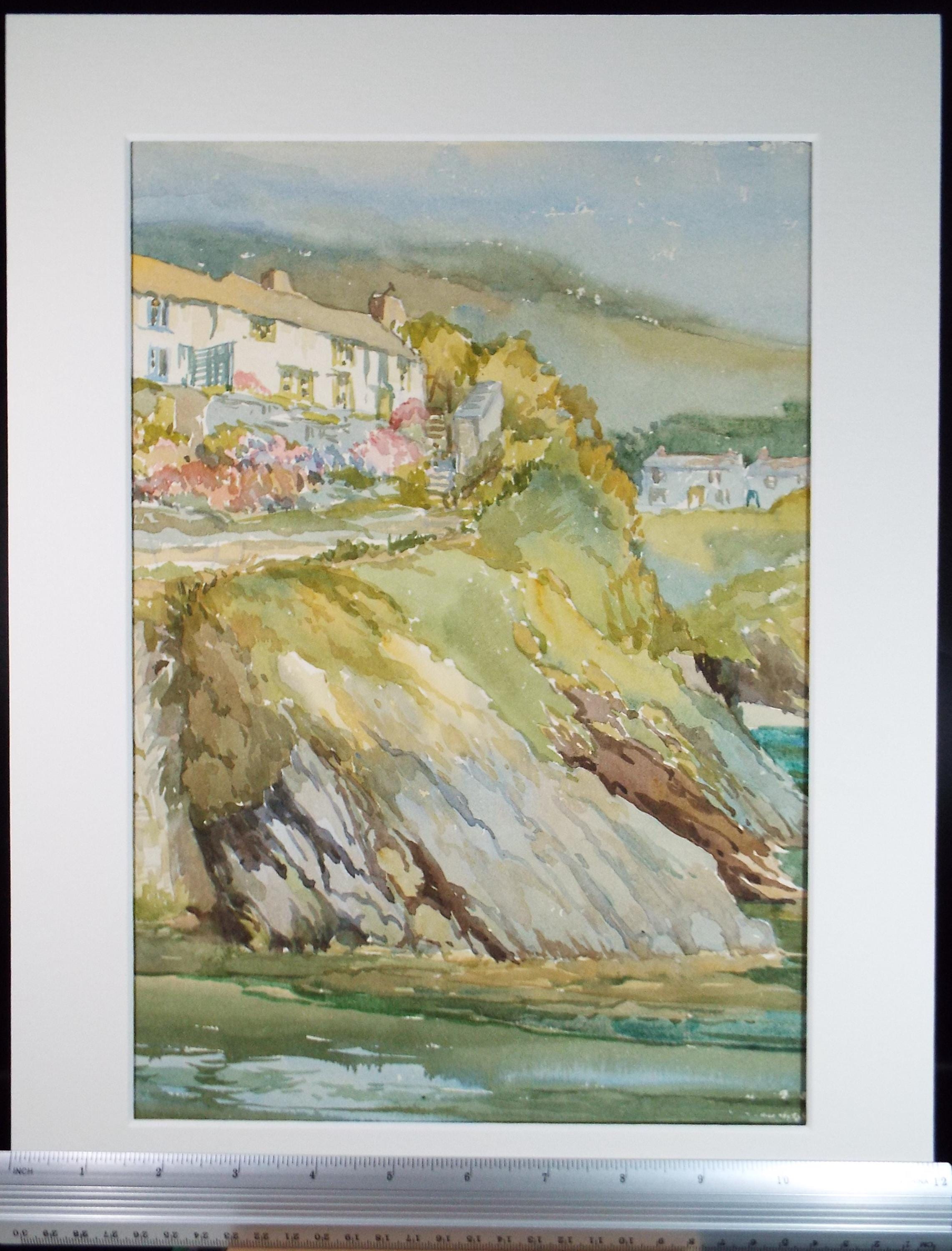 Original Watercolour, 'Clifftop Houses', Gwen Rayner, c1970's