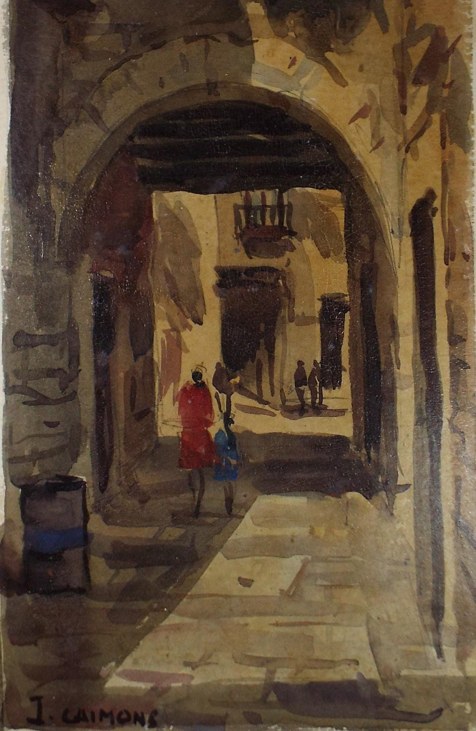 Original Oil on Paper, 'Through an Archway with figures', Circa 1950's , Signed I Limons
