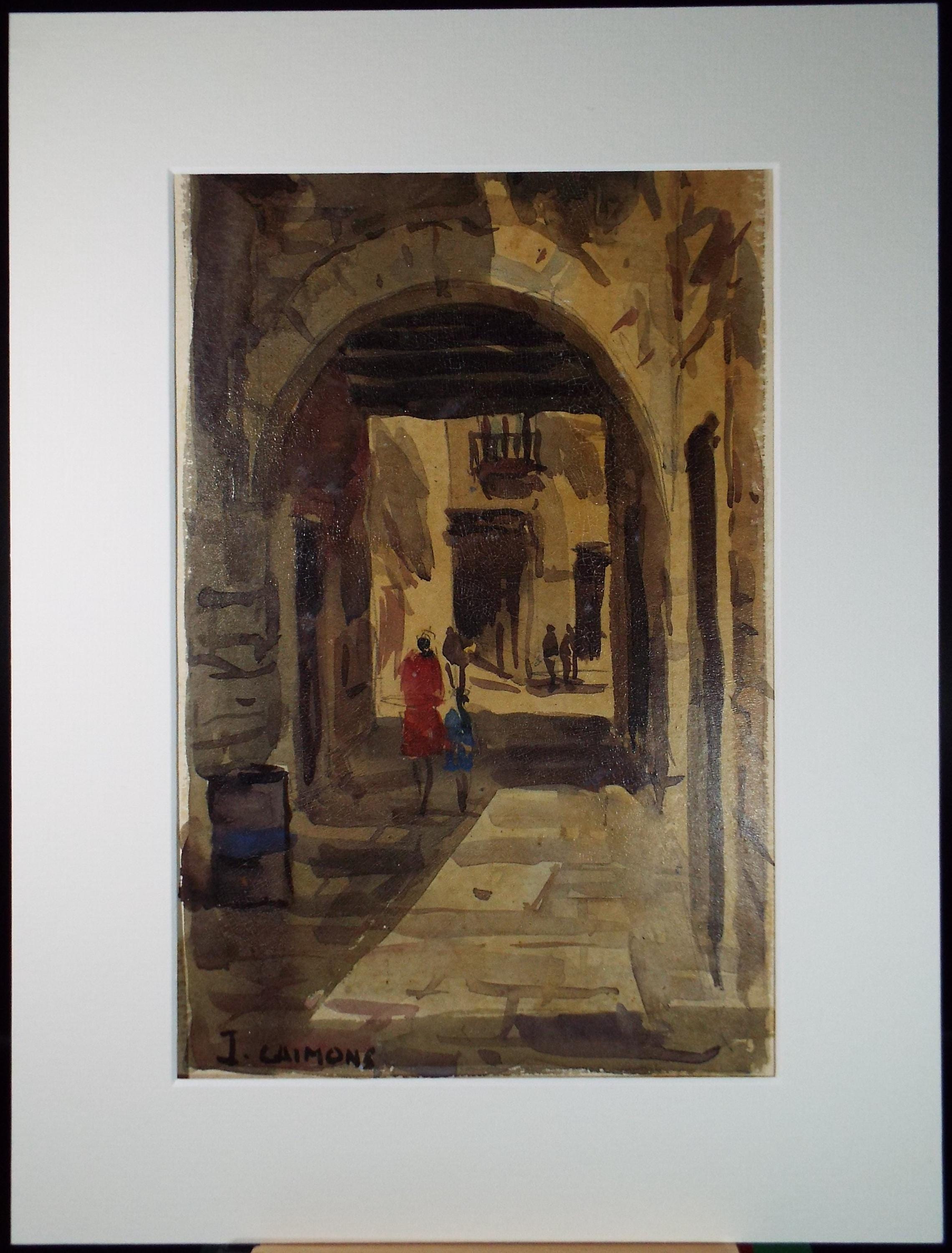 Original Oil on Paper, 'Through an Archway with figures', Circa 1950's , Signed I Limons
