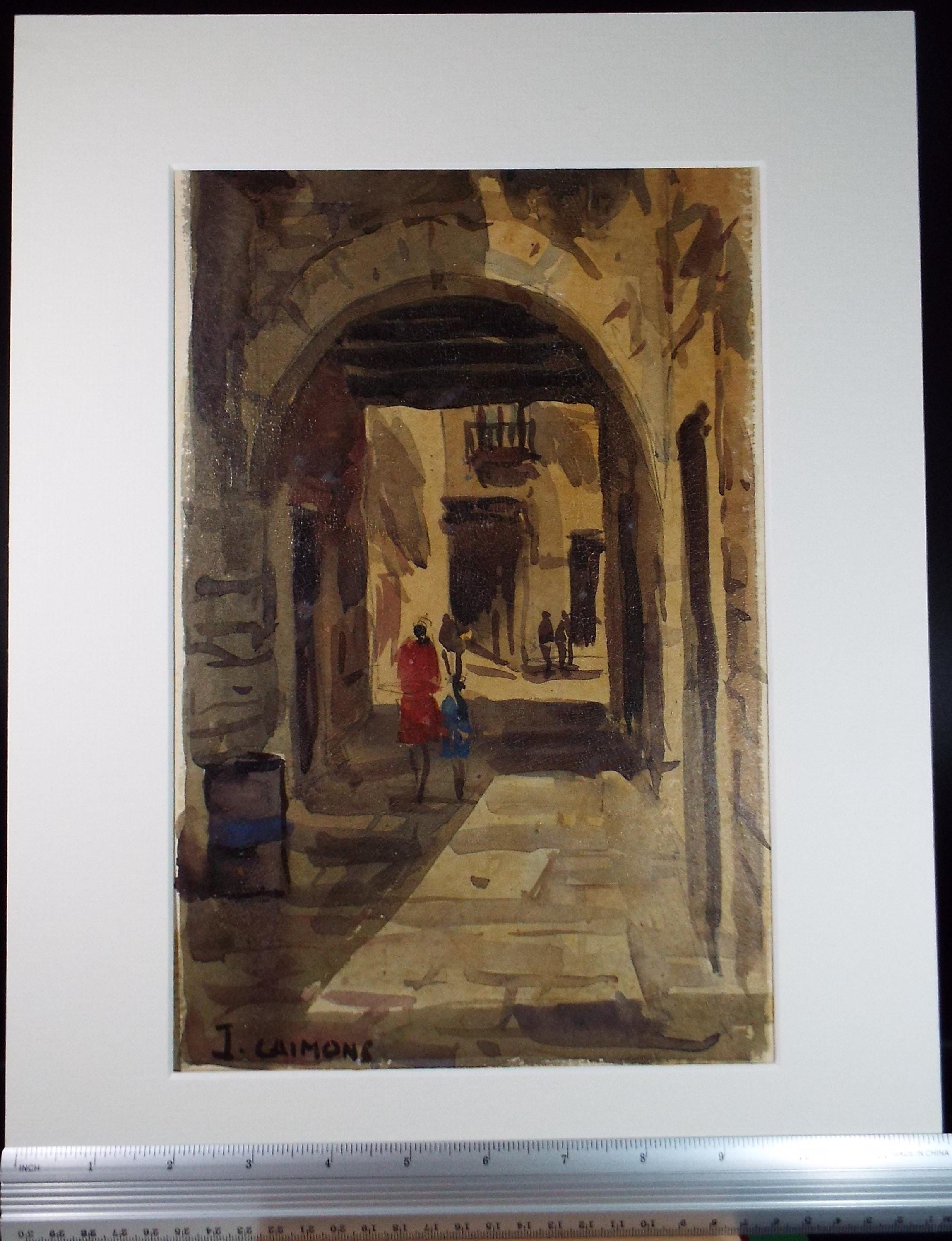Original Oil on Paper, 'Through an Archway with figures', Circa 1950's , Signed I Limons