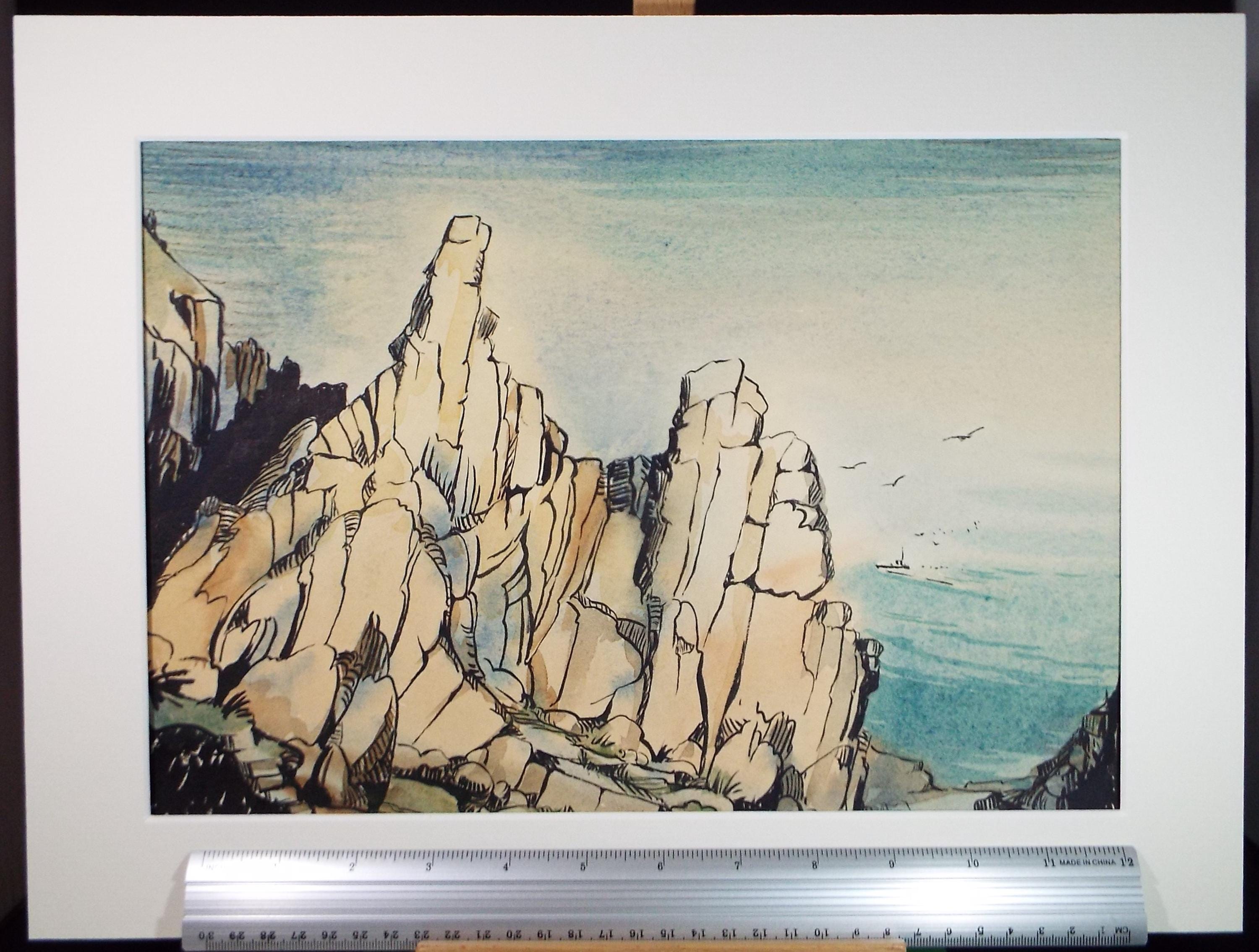 Original Watercolour, 'Coastal Cliffs', Gwen Rayner, c1970's